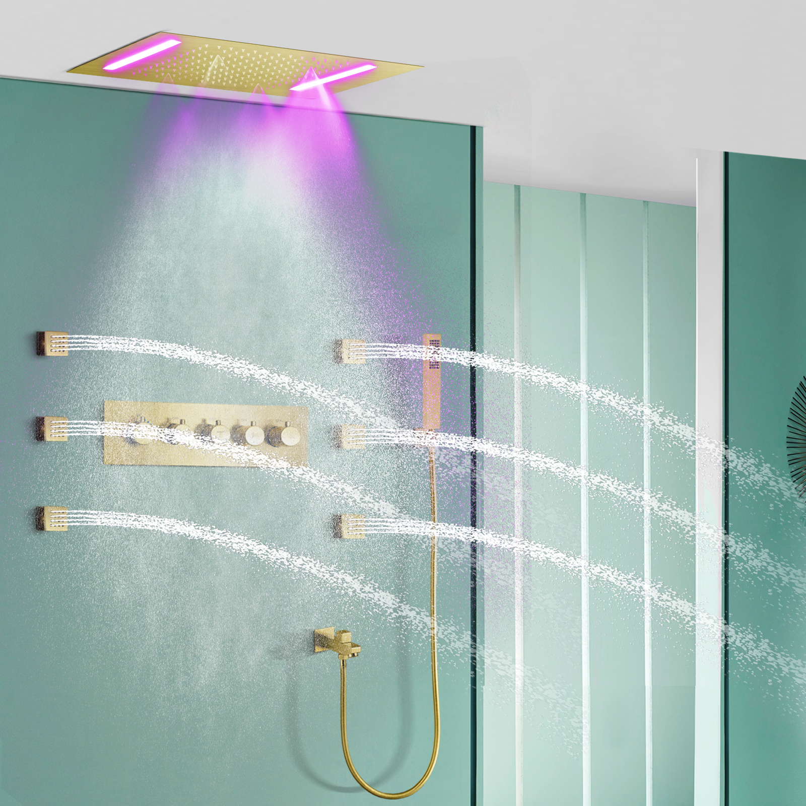 Válvula de temperatura Hennoise con temperatura de lluvia atomizada LED oculta de 20x14 pulgadas, sistema de ducha de SPA con escupitajo lateral de ducha