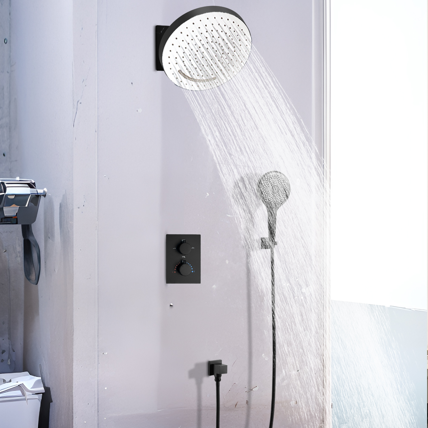 Instalación de placa de flor de cielo negro mate, ducha de lluvia cuadrada, rociador superior, sistema de grifo de agua de ducha de lujo, ducha de lluvia