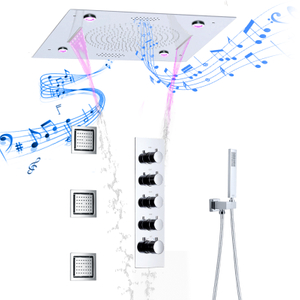 Sistema de grifo de ducha cromado, boquilla LED, termostato musical, juego de ducha de latón montado en la pared