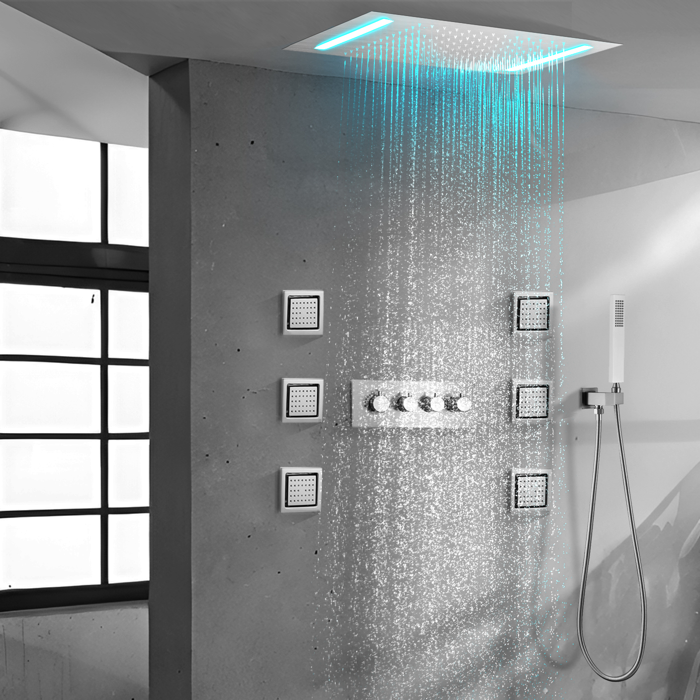 Bañera de baño Ducha LED Grande Bronce Grande Ducha de lluvia montada en la pared Temperatura oculta Juego de mezclador mixto híbrido