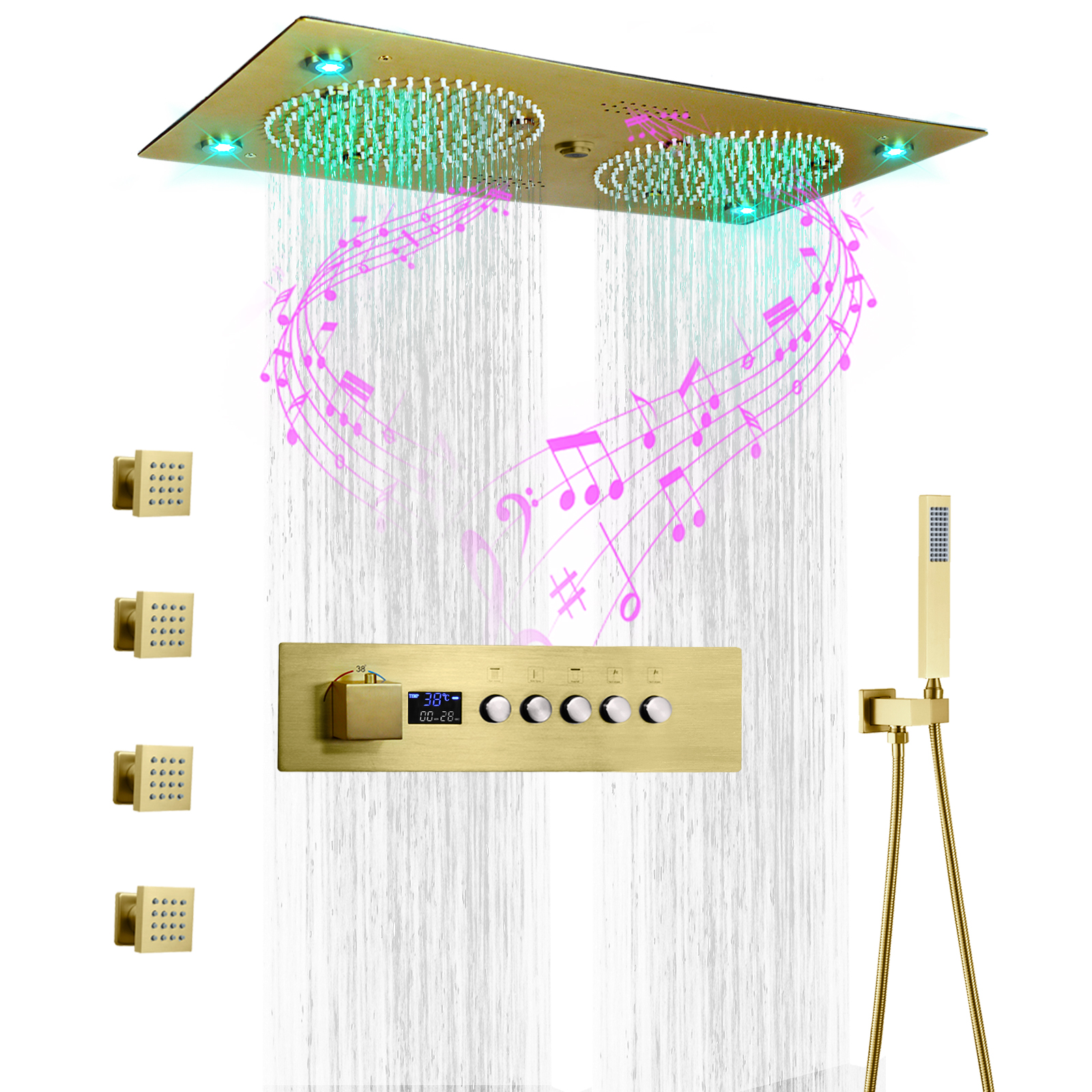 Juego de Sistema de ducha musical LED de Oro pulido de 24,5x12,5 pulgadas, cabezal de masaje de dragón de agua con altura y temperatura para ducha de baño, inyección