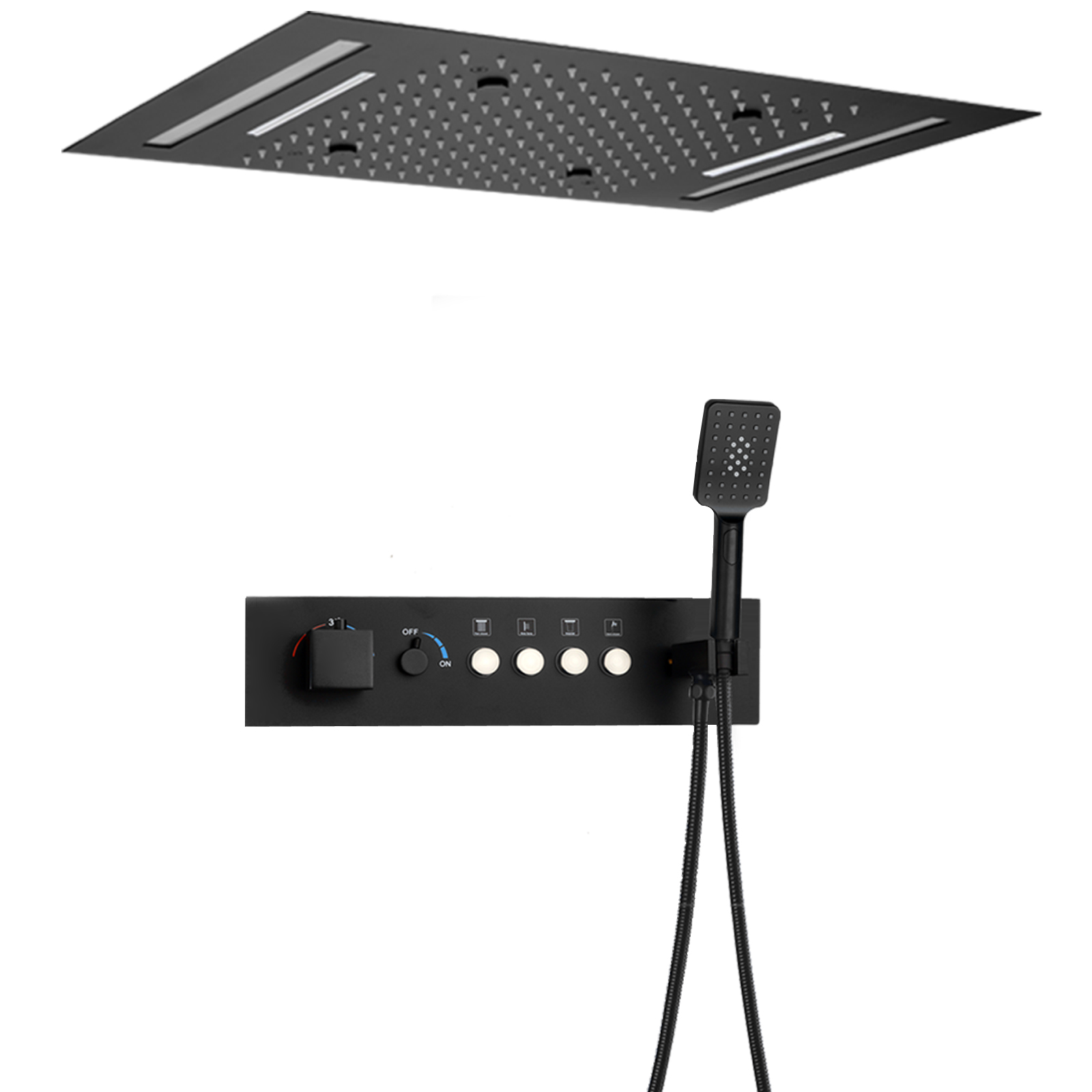 Juego de ducha de pared de 50x36cm, botón de temperatura constante negro mate con palanca de Control de flujo, sistema de ducha, bañera y lluvia