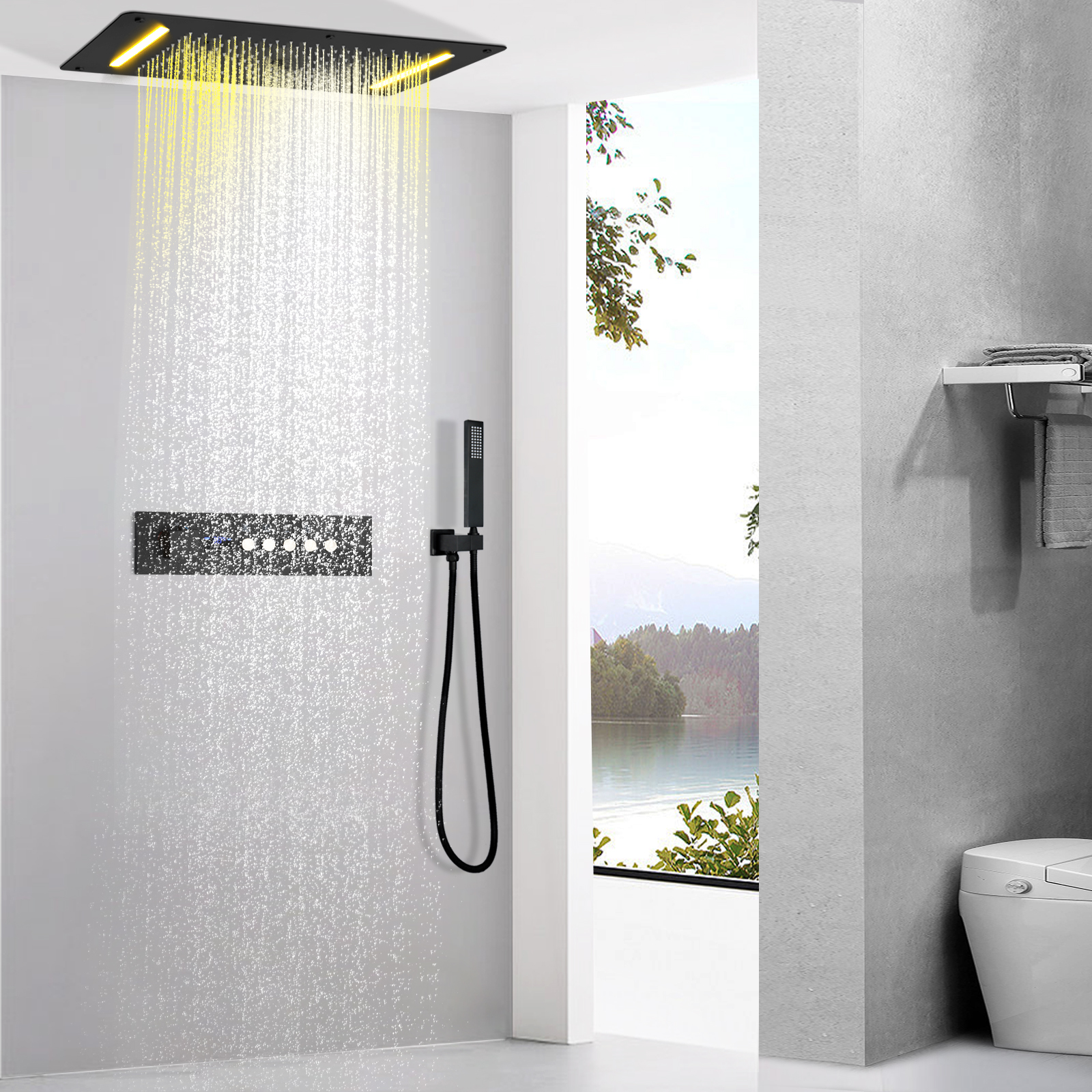 Sistema de ducha de lluvia y niebla, cascada oscura mate, pantalla Digital LED, válvula de ducha termostática, juego de ducha de SPA, grifo