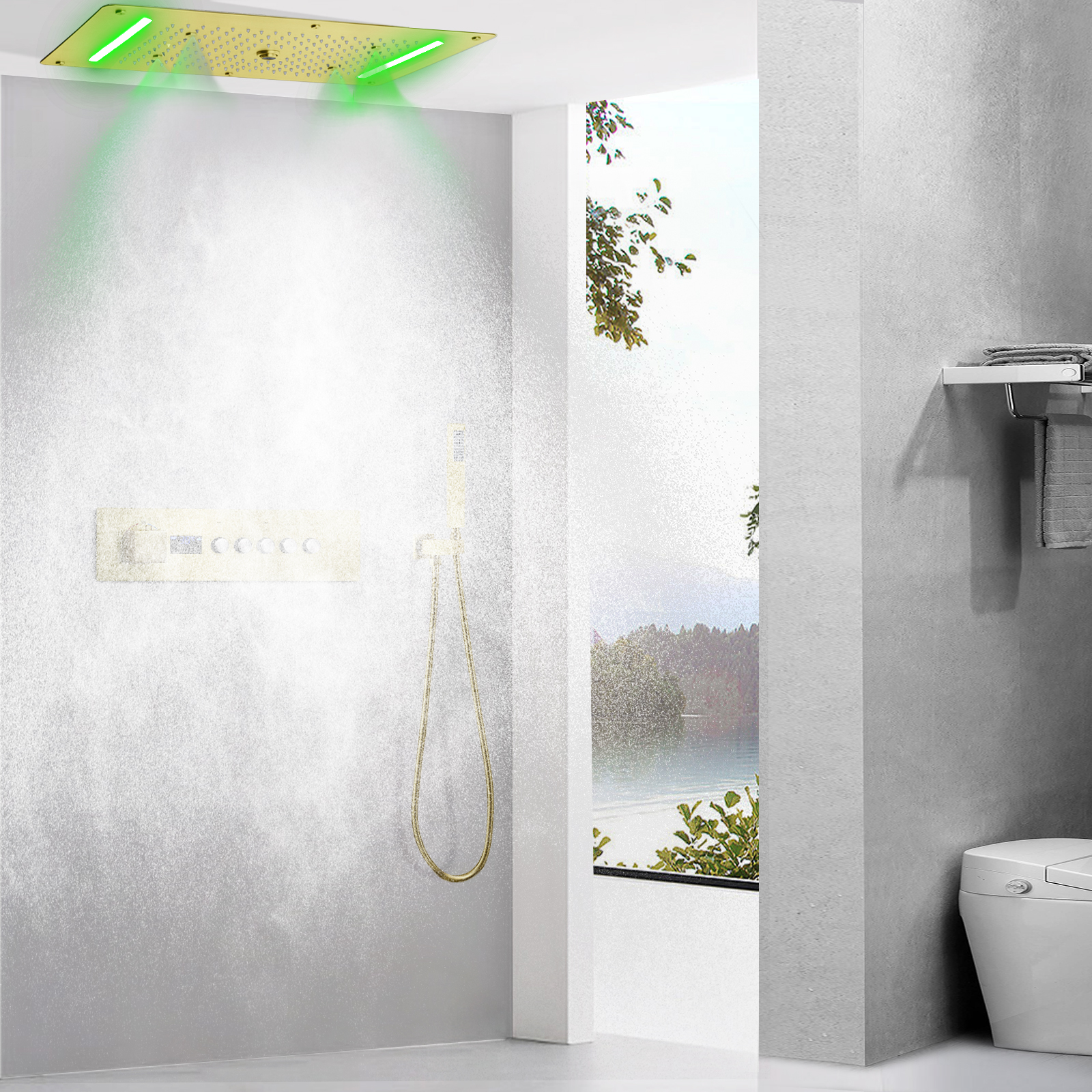 Sistema de ducha LED termostático oculto, juego de grifo de ducha de oro cepillado para baño, lluvia, cascada, niebla