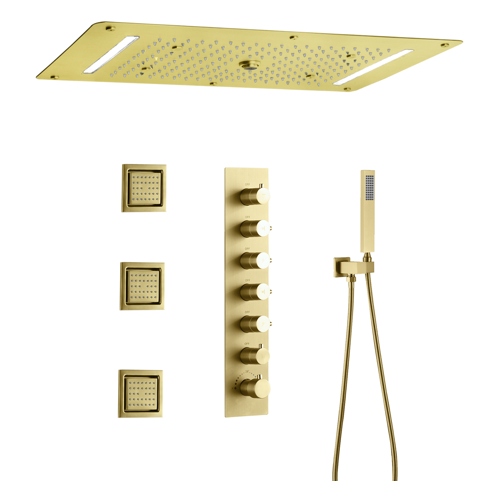 Sistema de ducha LED oculto para baño, grifo de ducha de lluvia en cascada, conjunto de masaje de columna de ducha con pulverizador, Oro pulido de lujo