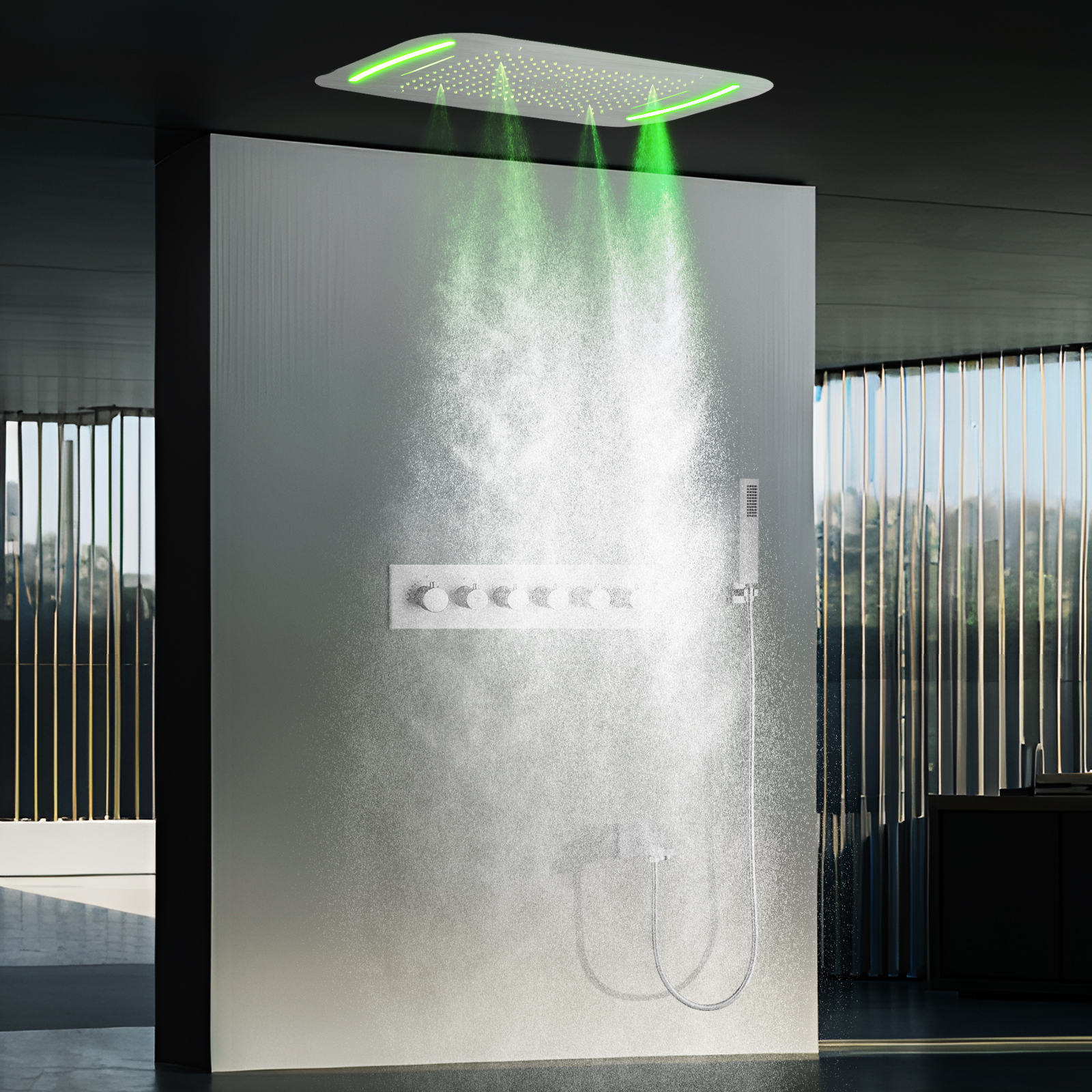 Níquel cepillado 71x43cm LED temperatura constante ducha cabeza de dragón techo lluvia Pilar sistema de cabezal de ducha Kit