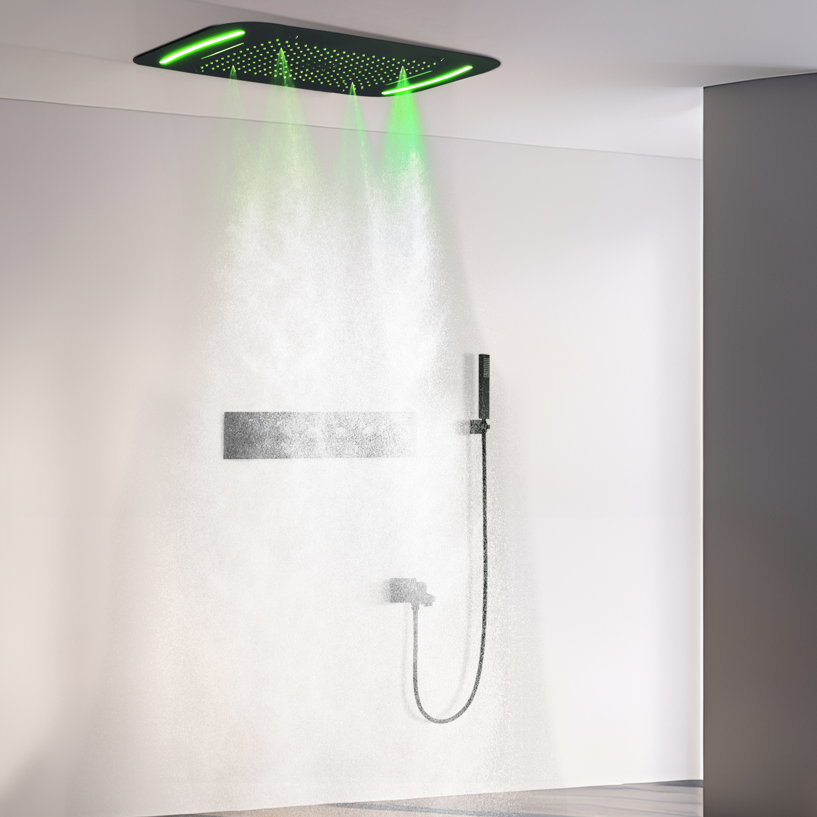 Sistema de ducha LED negro de 71x43cm con techo, gran masaje, temperatura constante, cascada, cabezal de ducha de agua de lluvia, grifo mezclador
