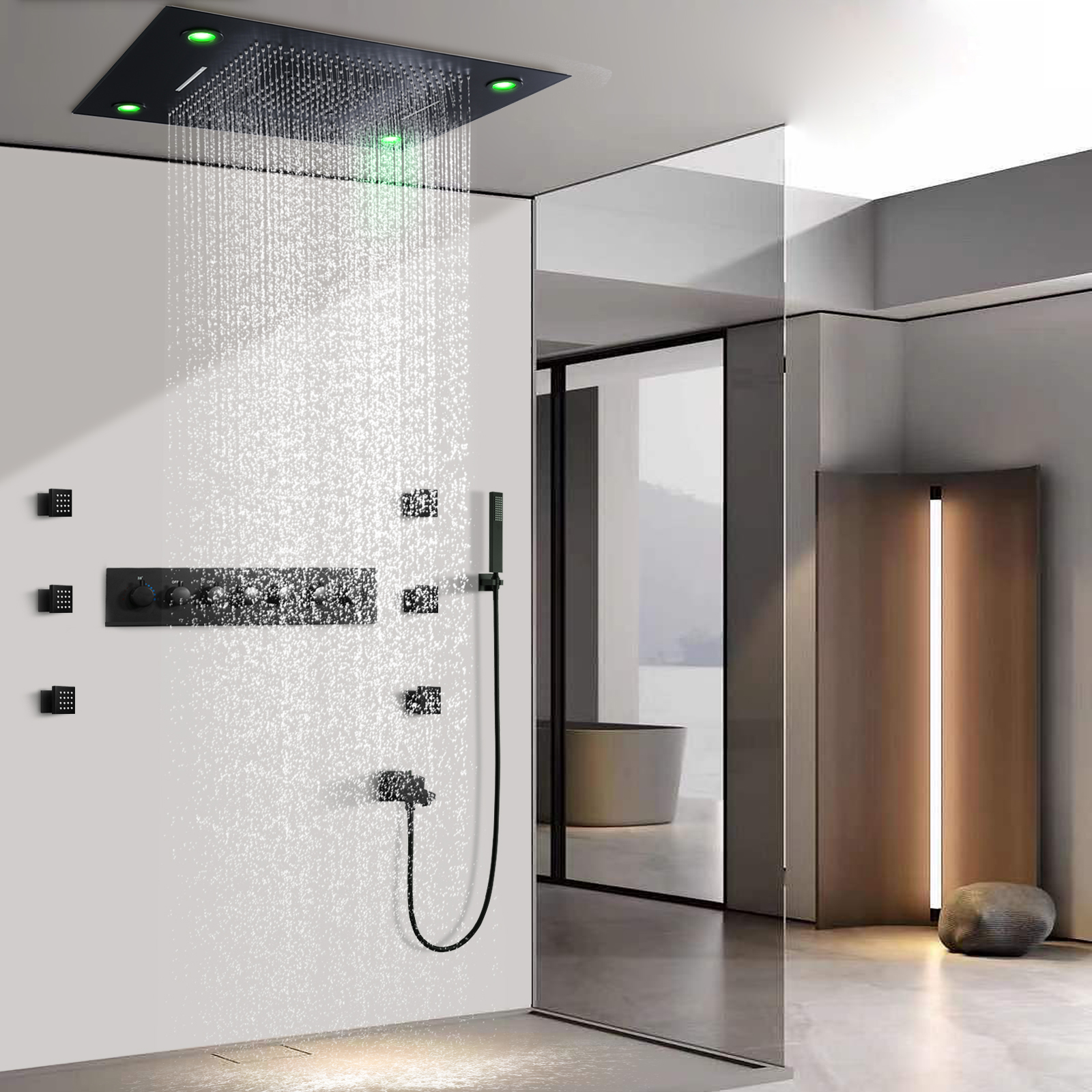 Cabezal de ducha negro de 800x600MM, sistema de ducha multifunción termostático LED para baño con chorros de cuerpo de ducha