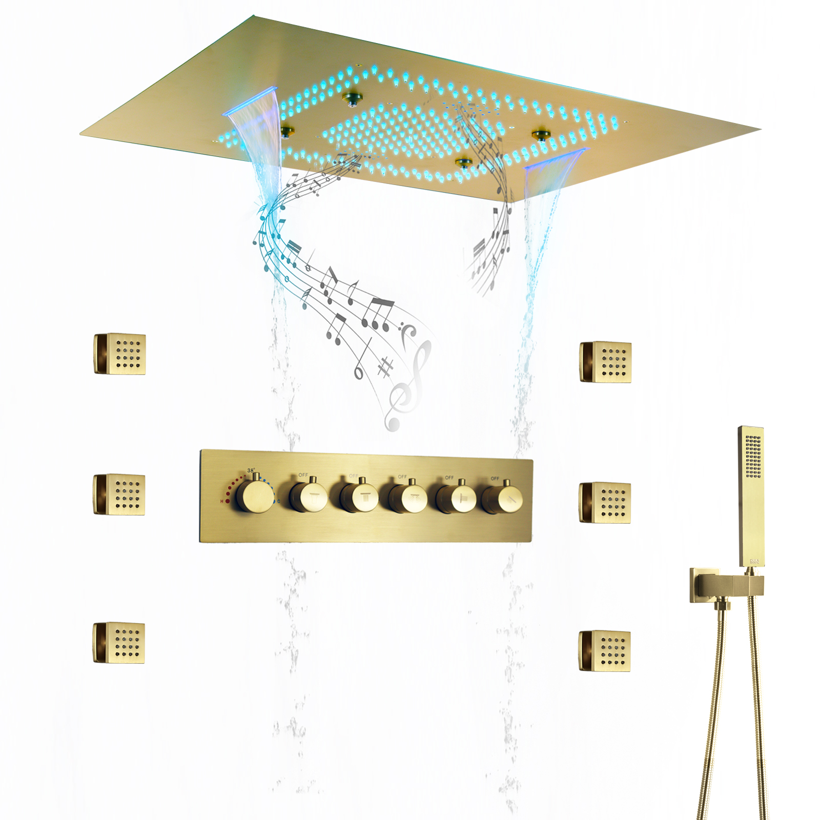 Sistema de ducha de baño de lujo, cabezal de ducha Led de 24x32 pulgadas con altavoz musical, juego de ducha termostática de lluvia y cascada