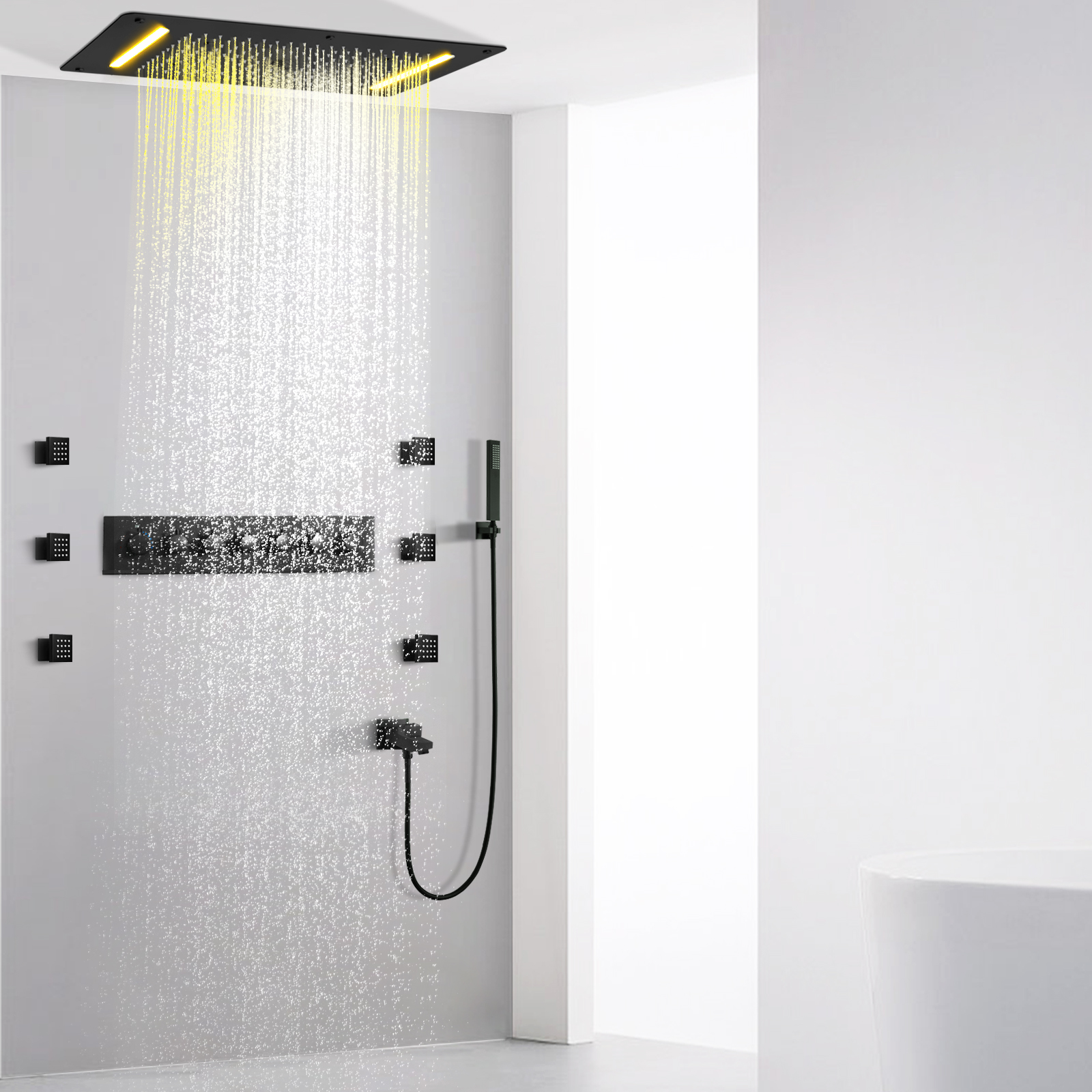 Juego de ducha de lluvia negro mate, grifo de ducha termostático de 70x38 Cm, ducha de masaje de cascada de lluvia y niebla LED