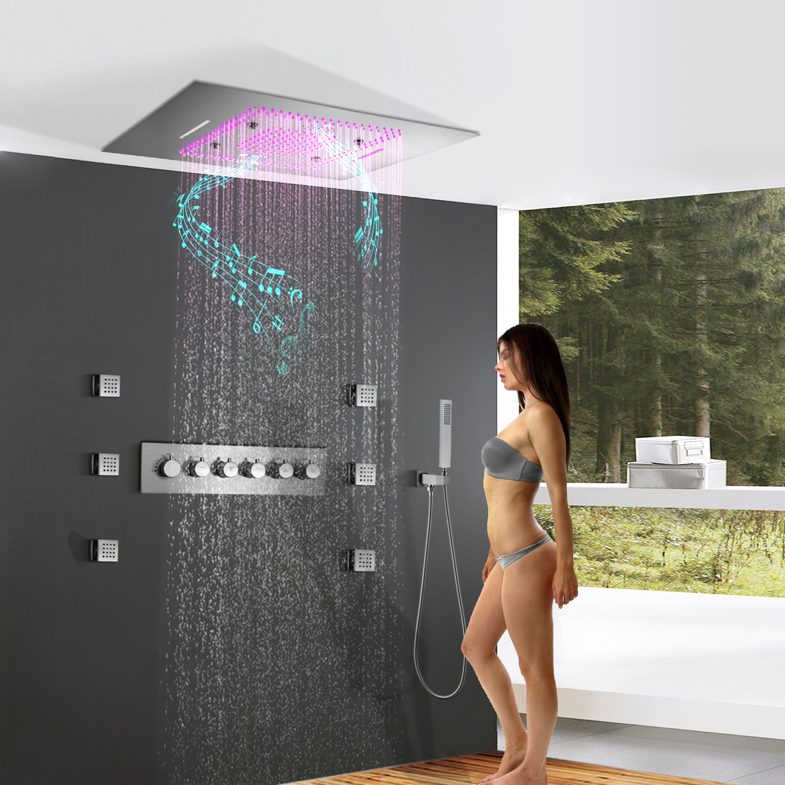 Cabezal de ducha LED empotrado en el techo, 600x800mm, con altavoces musicales, cuerpo principal termostático, grifo de ducha para baño