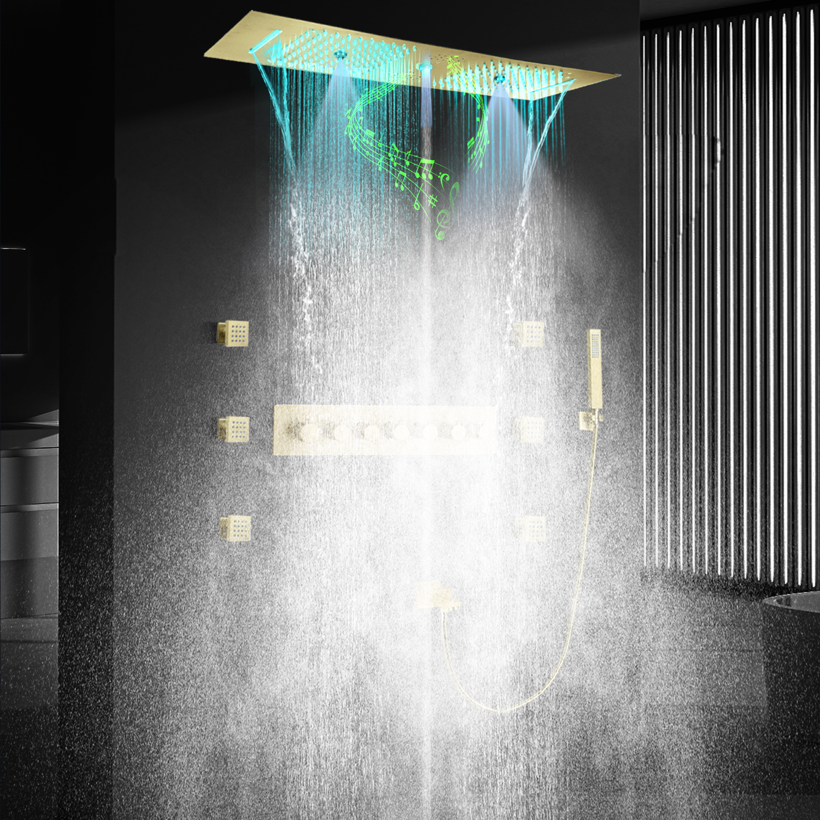 Cabezal de ducha LED de Oro pulido con altavoz musical, juego de grifería de ducha termostática para baño empotrado en techo de ducha doble, altavoz musical