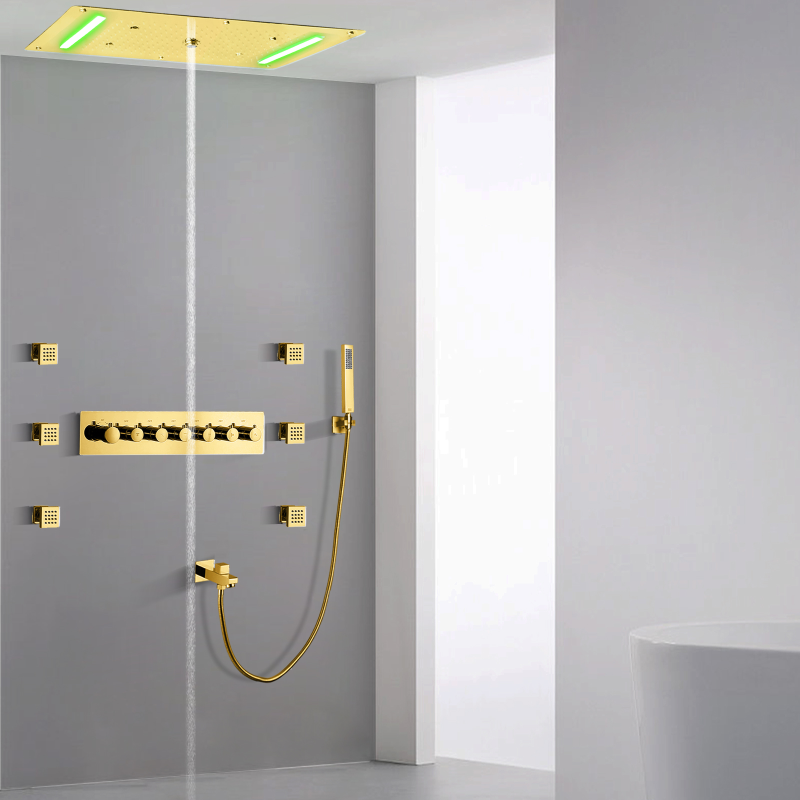 Juego de ducha termostática LED de titanio dorado, mezclador de masaje, cascada de lluvia con mano, 70x38 Cm