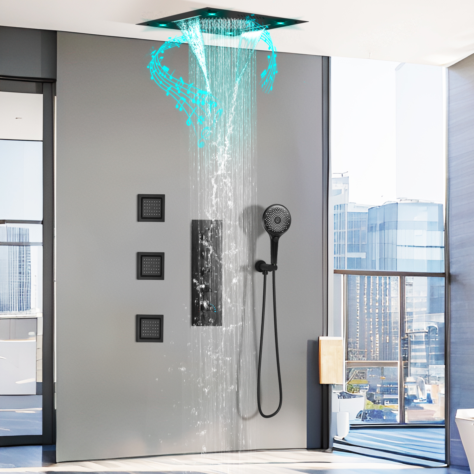 Fabricante de sistemas de ducha LED, cabezal de ducha negro mate y juego de válvulas para colgar en la pared, alto 
