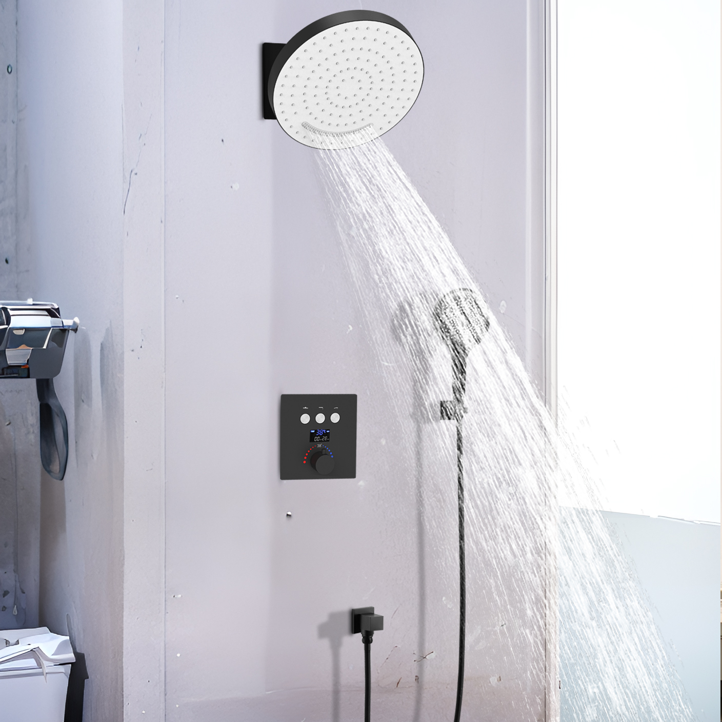 Suite de ducha de bronce, ducha de lluvia, termostático, negro, Tripper, sistema de cabezal de ducha de tanque de baño montado en la pared