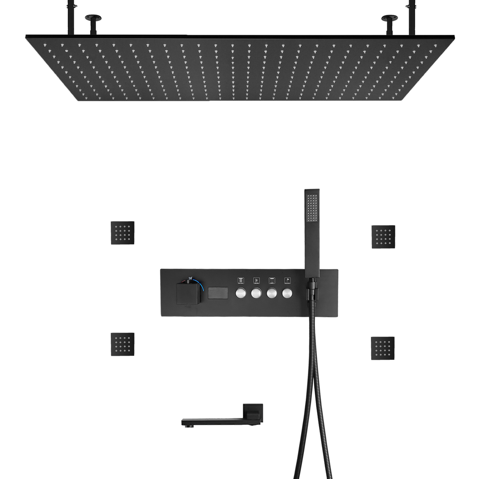 Sistema de grifo de ducha colgante para baño, cabezal de ducha de agua de lluvia LED con temperatura constante, cinta doblada fuera de la entrada de agua
