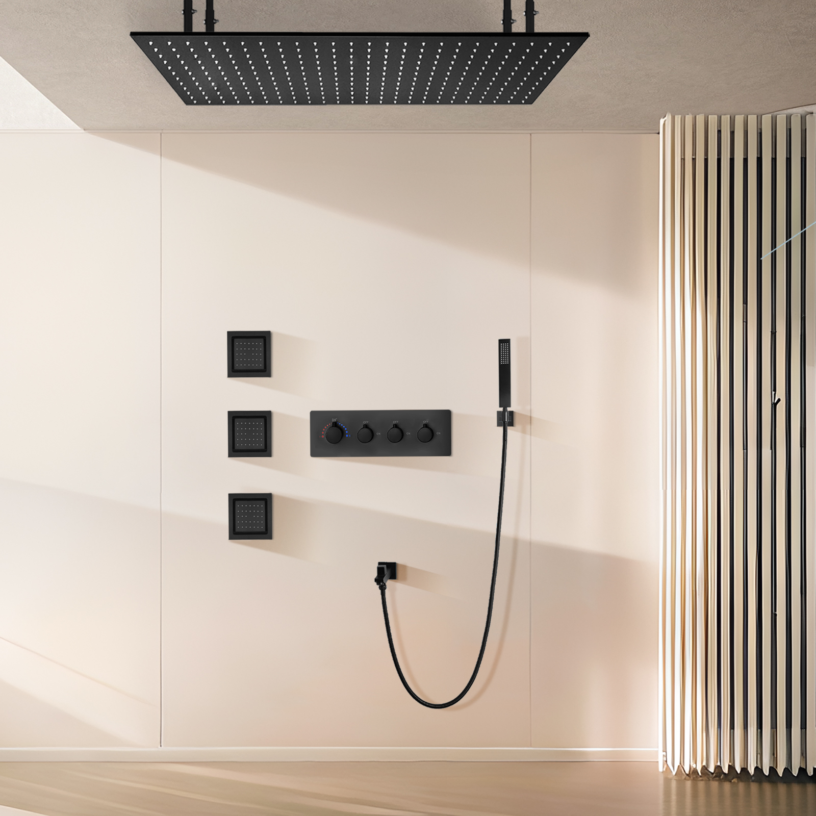 Sistema de cabezal de ducha tipo lluvia de 100x50cm negro mate de latón montado en la pared Kit de ducha LED para baño de cuatro funciones