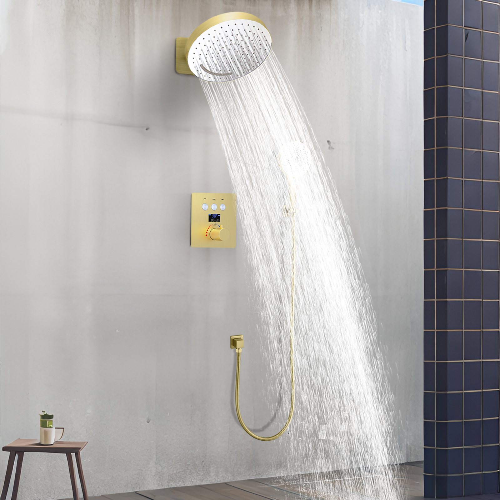 Válvula de desviación mixta de temperatura constante, grifo de agua de baño, Suite, montado en la pared, ducha de agua de lluvia, cabezal colgante, ducha superior