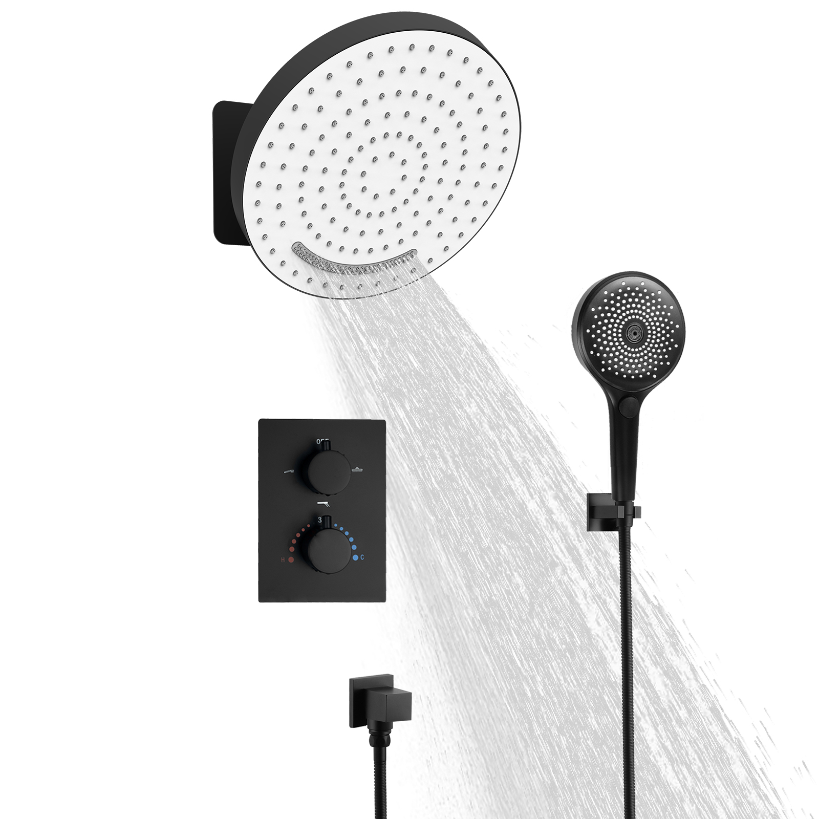 Instalación de placa de flor de cielo negro mate, ducha de lluvia cuadrada, rociador superior, sistema de grifo de agua de ducha de lujo, ducha de lluvia