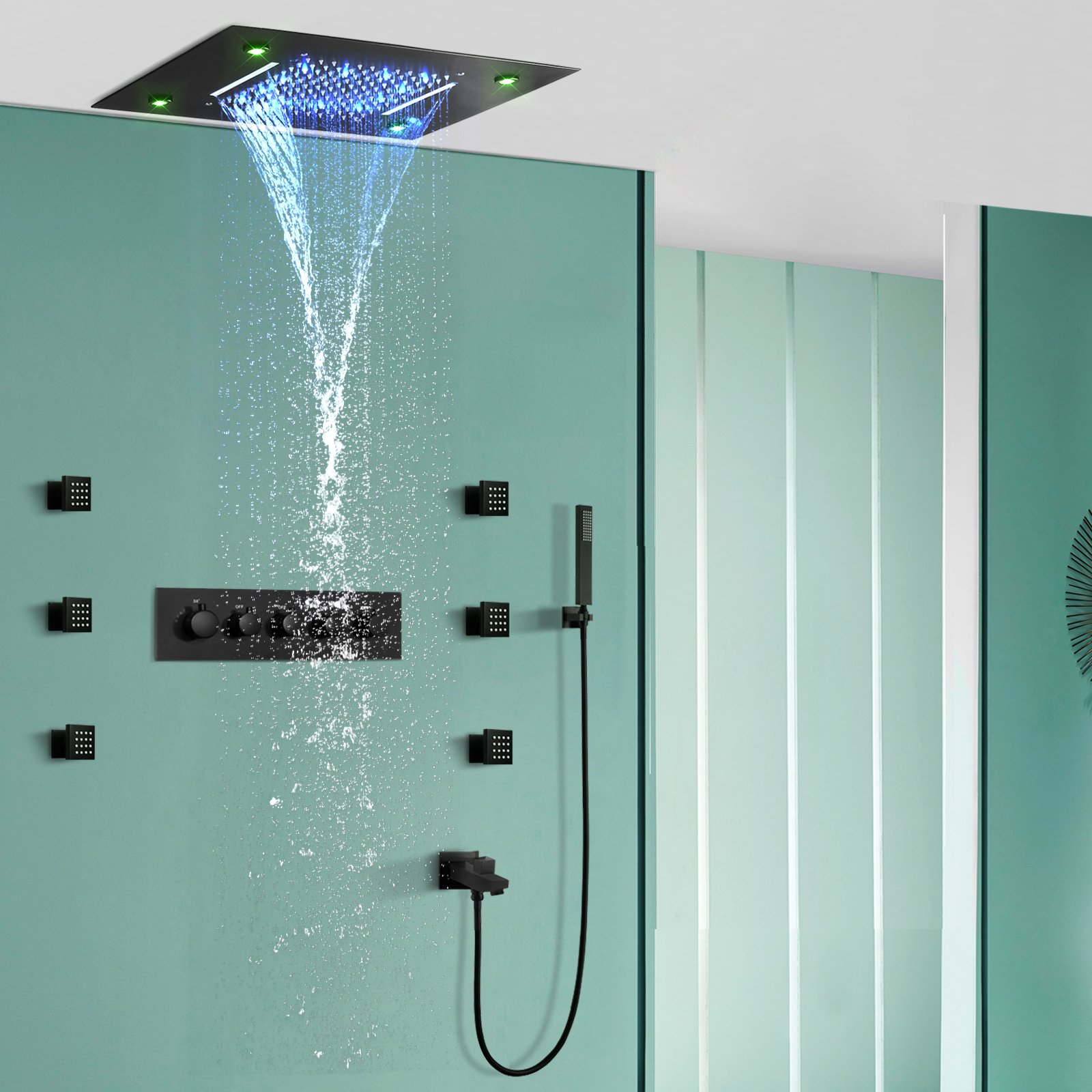Sistema de ducha para bañera LED negro mate, cabezal de ducha tipo lluvia para baño con juego combinado de mano