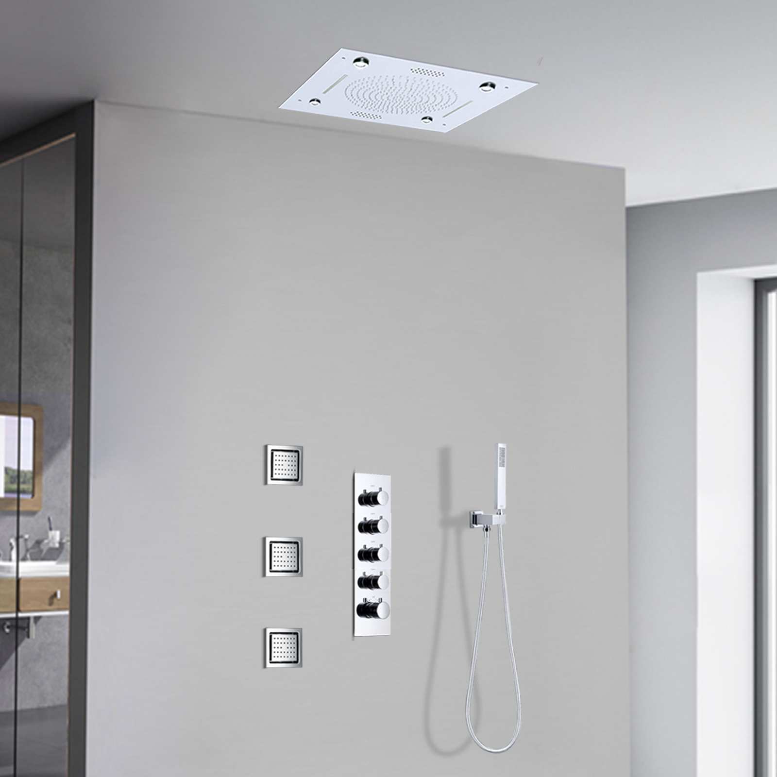 Sistema de grifo de ducha cromado, boquilla LED, termostato musical, juego de ducha de latón montado en la pared