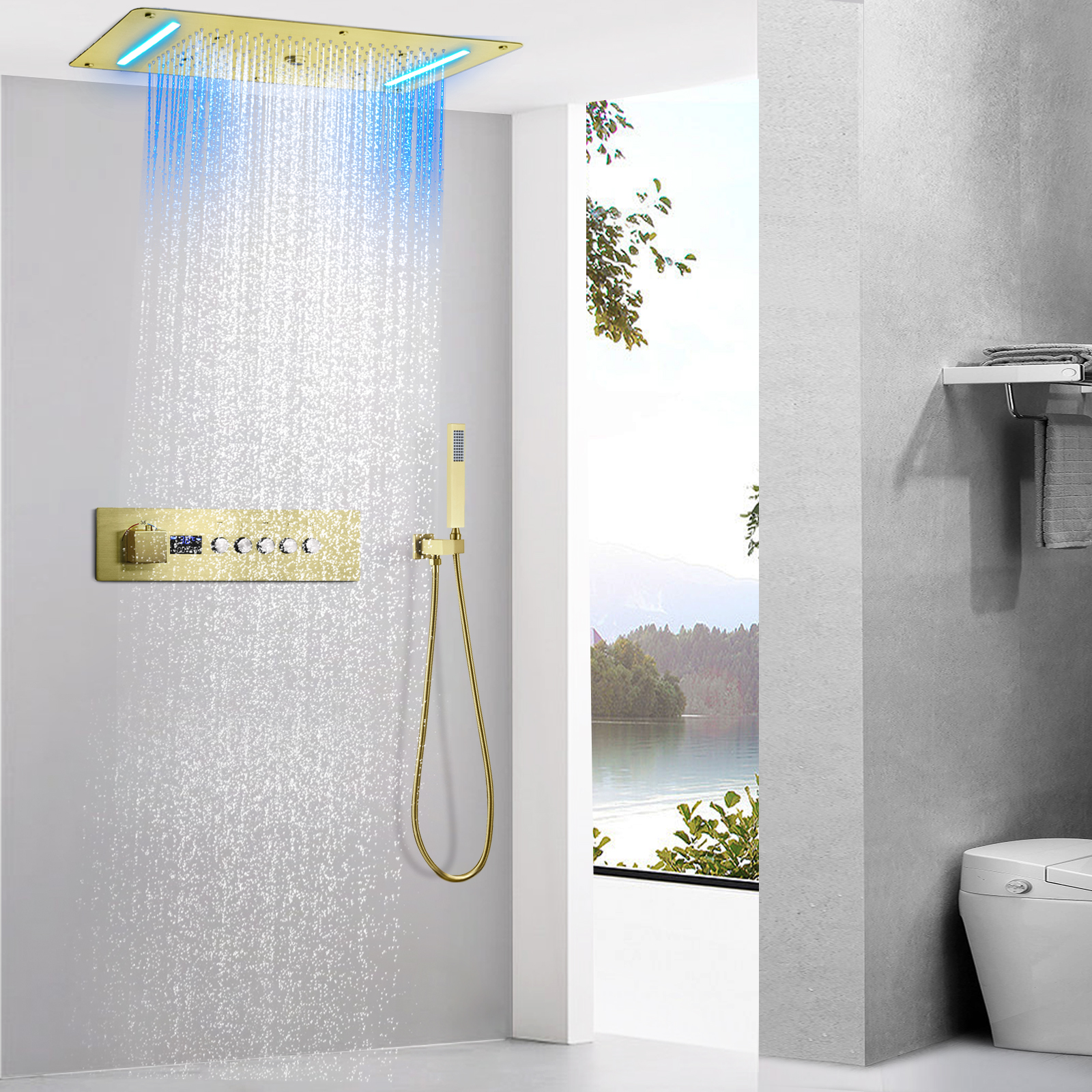 Sistema de ducha LED termostático oculto, juego de grifo de ducha de oro cepillado para baño, lluvia, cascada, niebla