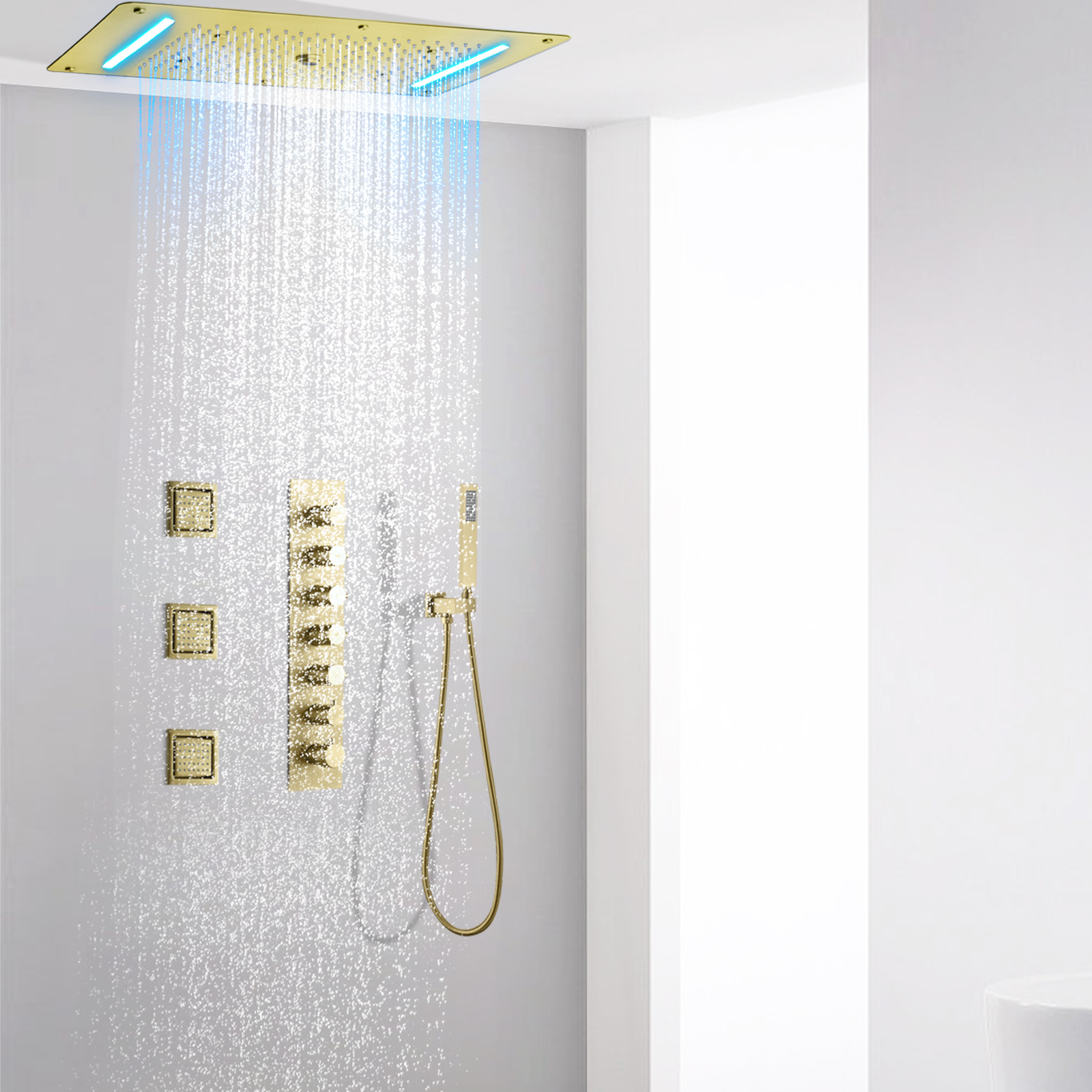 Sistema de ducha LED oculto para baño, grifo de ducha de lluvia en cascada, conjunto de masaje de columna de ducha con pulverizador, Oro pulido de lujo
