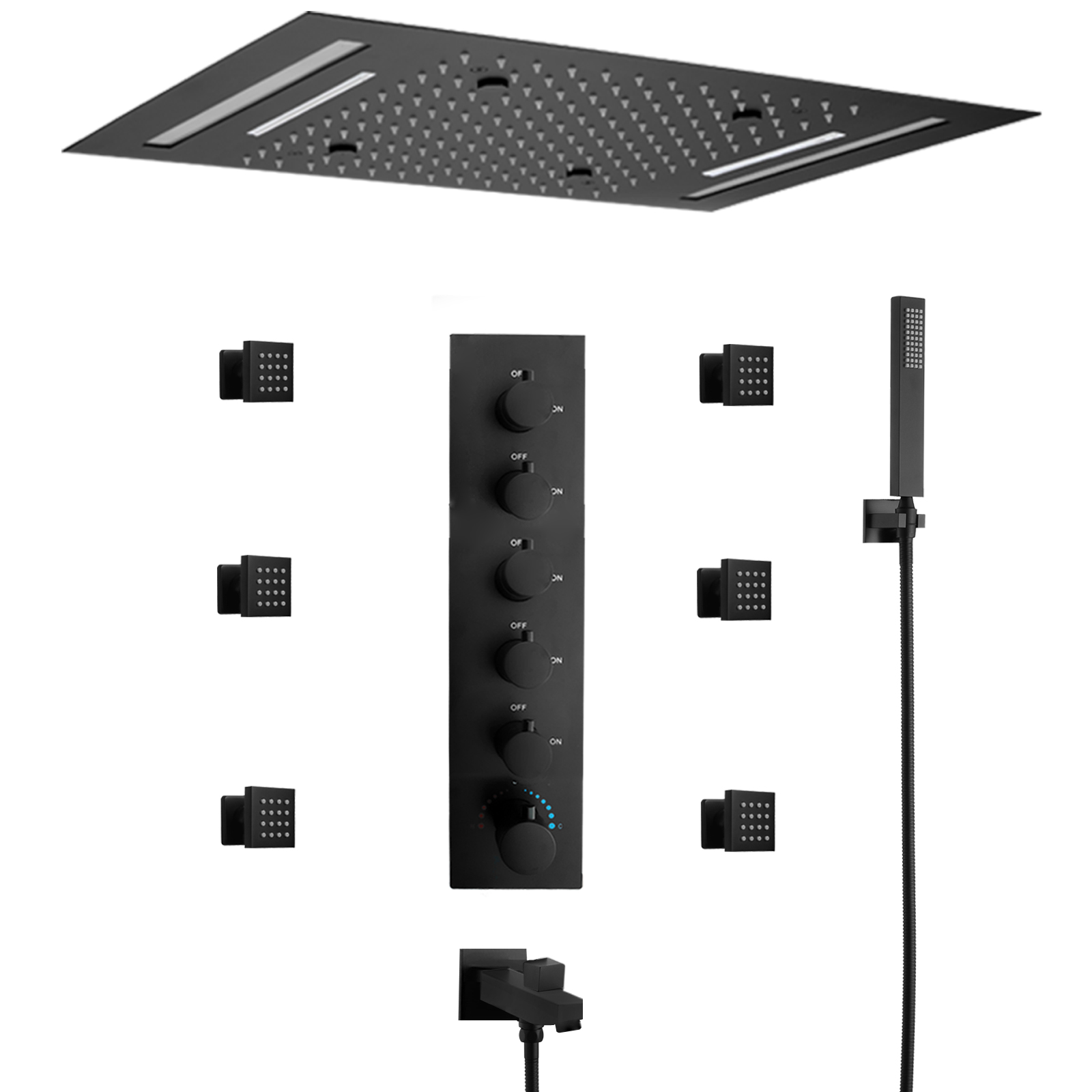 Sistema de ducha montado en el techo, juego de ducha mixta de agua de lluvia para baño, boquilla de ducha de agua de lluvia negra cuadrada moderna de mano