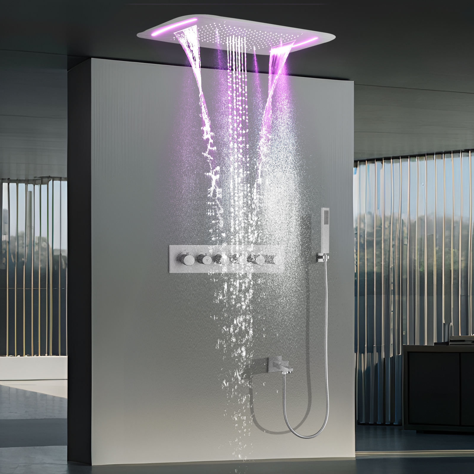 Níquel cepillado 71x43cm LED temperatura constante ducha cabeza de dragón techo lluvia Pilar sistema de cabezal de ducha Kit
