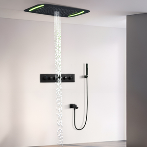 Sistema de ducha LED negro de 71x43cm con techo, gran masaje, temperatura constante, cascada, cabezal de ducha de agua de lluvia, grifo mezclador