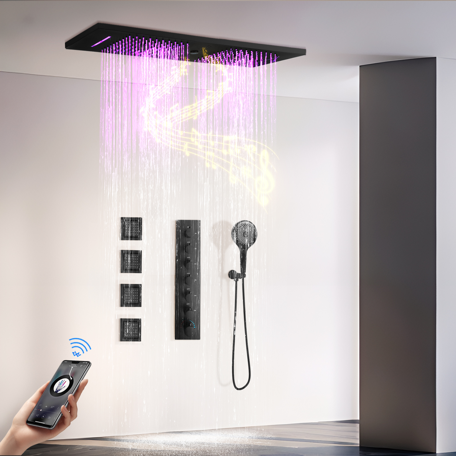 Ducha LED negra mate de 900 × 300 mm, sistema de ducha con música funcional 6, grifo de agua para ducha de lluvia, temperatura constante