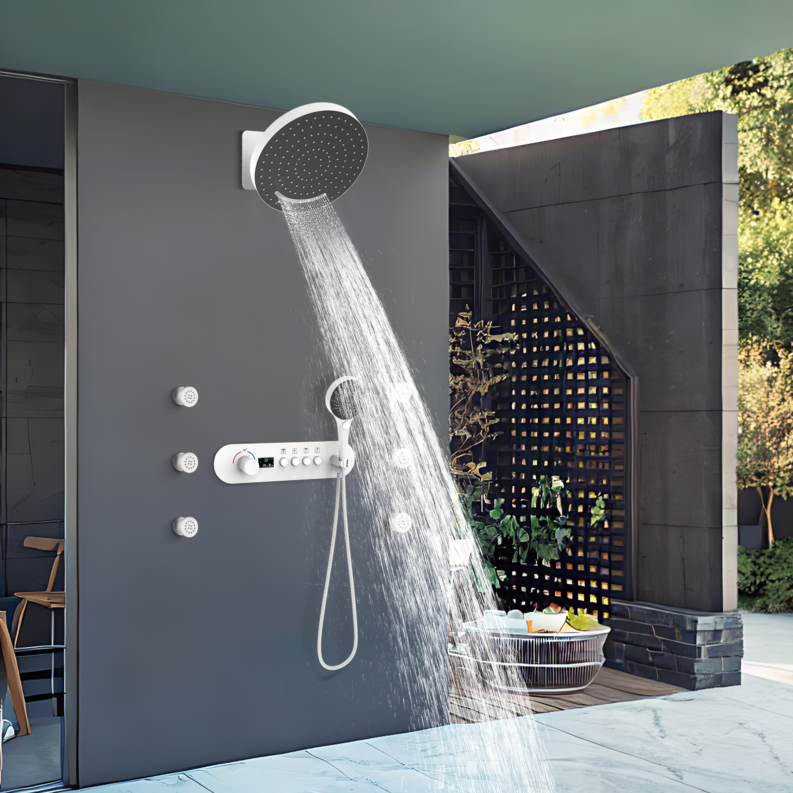 Sistema de ducha de placa moderno, Kit de ducha con chorro de agua, cabezal de ducha de bronce con rociador lateral blanco