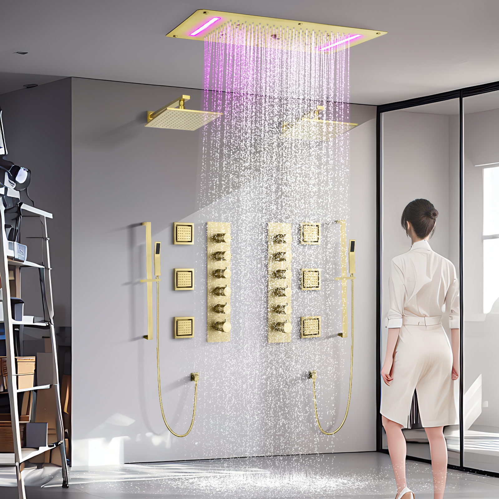 Grifo de ducha de latón con sistema de ducha en cascada y lluvia para techo de baño moderno LED de flujo ultragrande