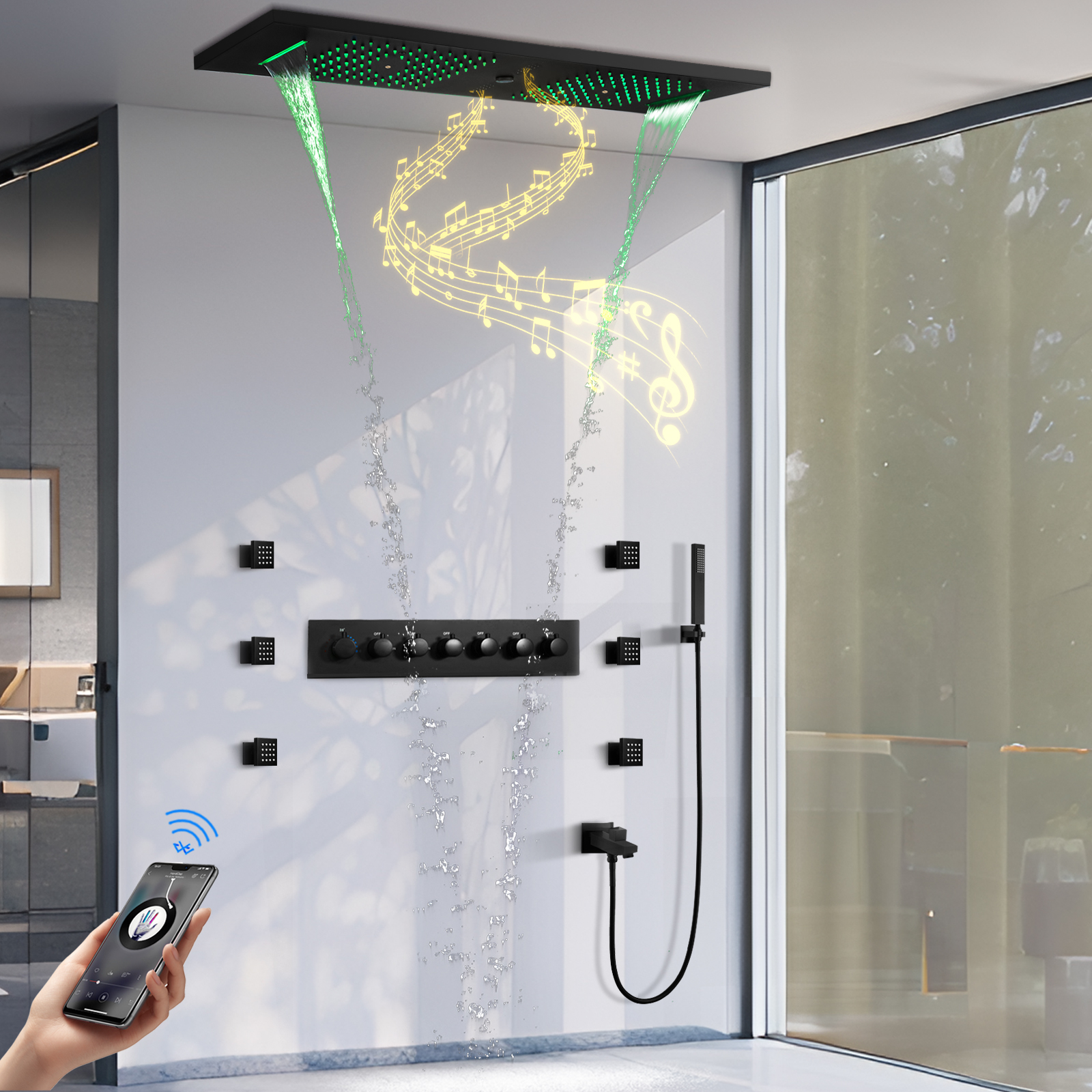 Grifo de agua de ducha de temperatura constante LED de cascada de lluvia para baño con chorro de ducha y ducha con función musical