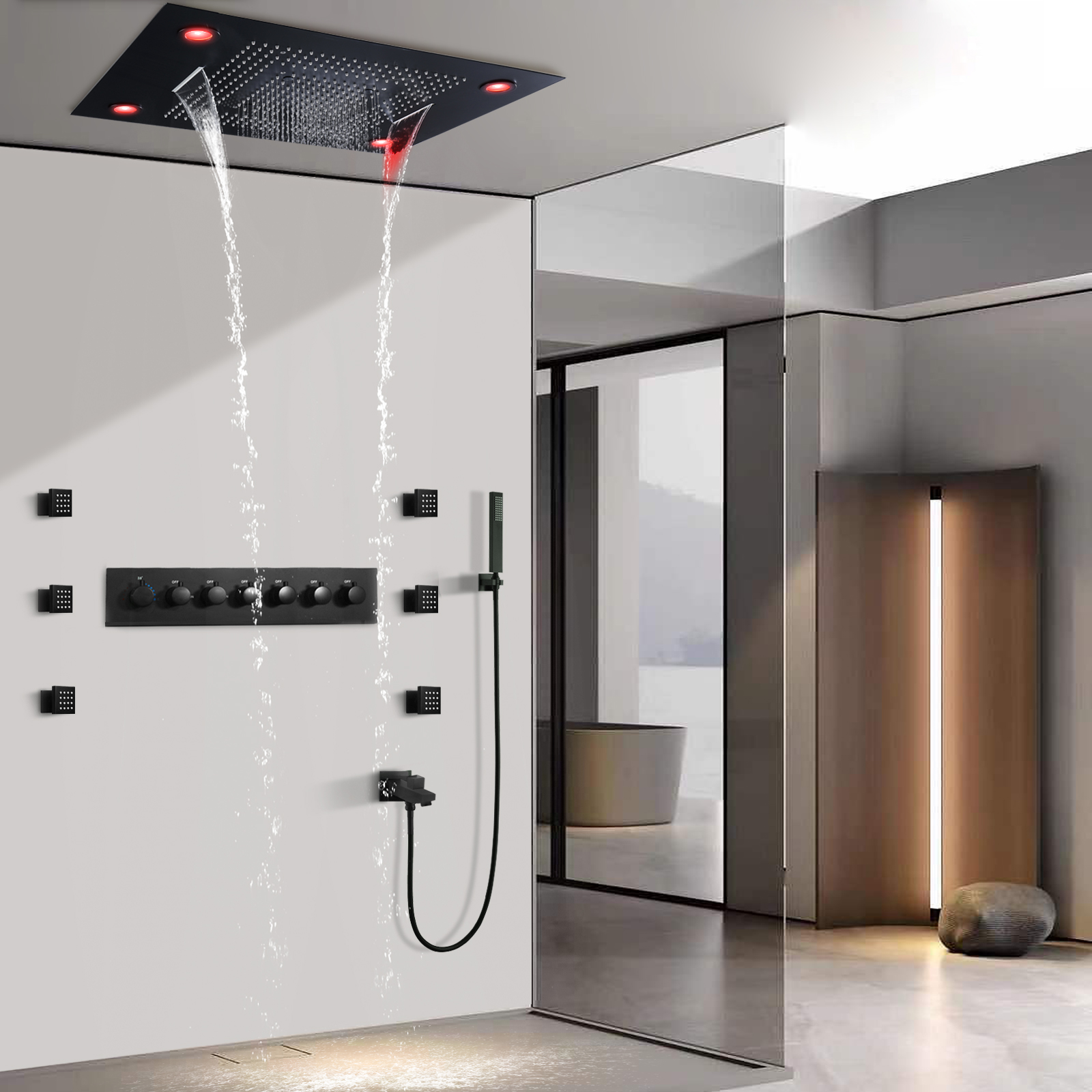 Cabezal de ducha negro de 800x600MM, sistema de ducha multifunción termostático LED para baño con chorros de cuerpo de ducha