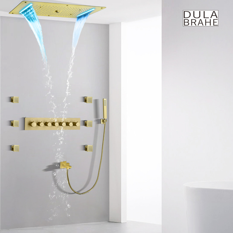 Juego de mezclador de ducha de temperatura de Oro pulido, sistema de ducha oculto de lluvia multifunción LED de 70x38 CM para baño