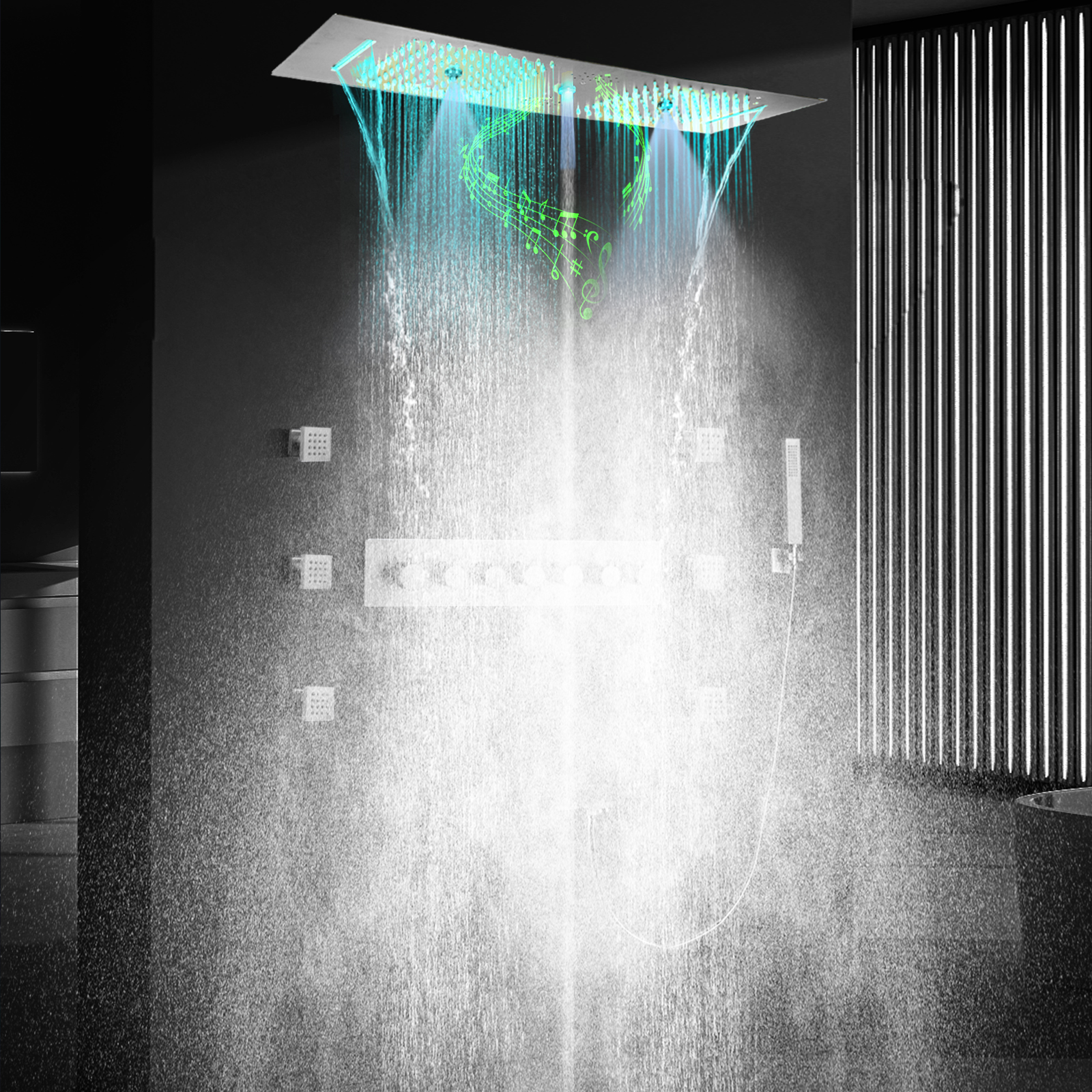 Juego de ducha LED tipo lluvia de estilo contemporáneo con mosaico cepillado y cabezal de ducha musical