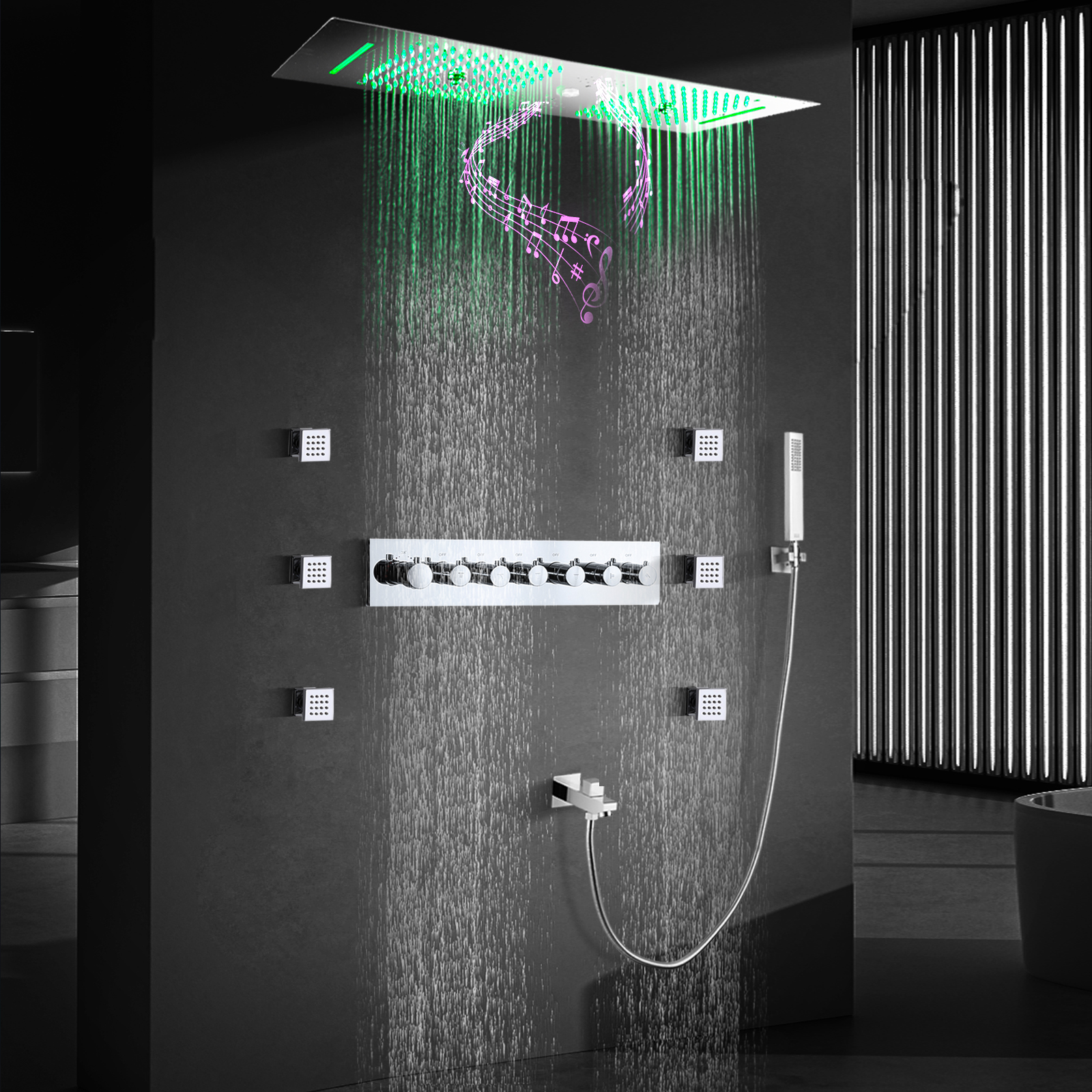 Espejo cromado 900*300 cabezal de ducha LED con altavoz musical doble techo de ducha empotrado baño juego de grifería de ducha termostática