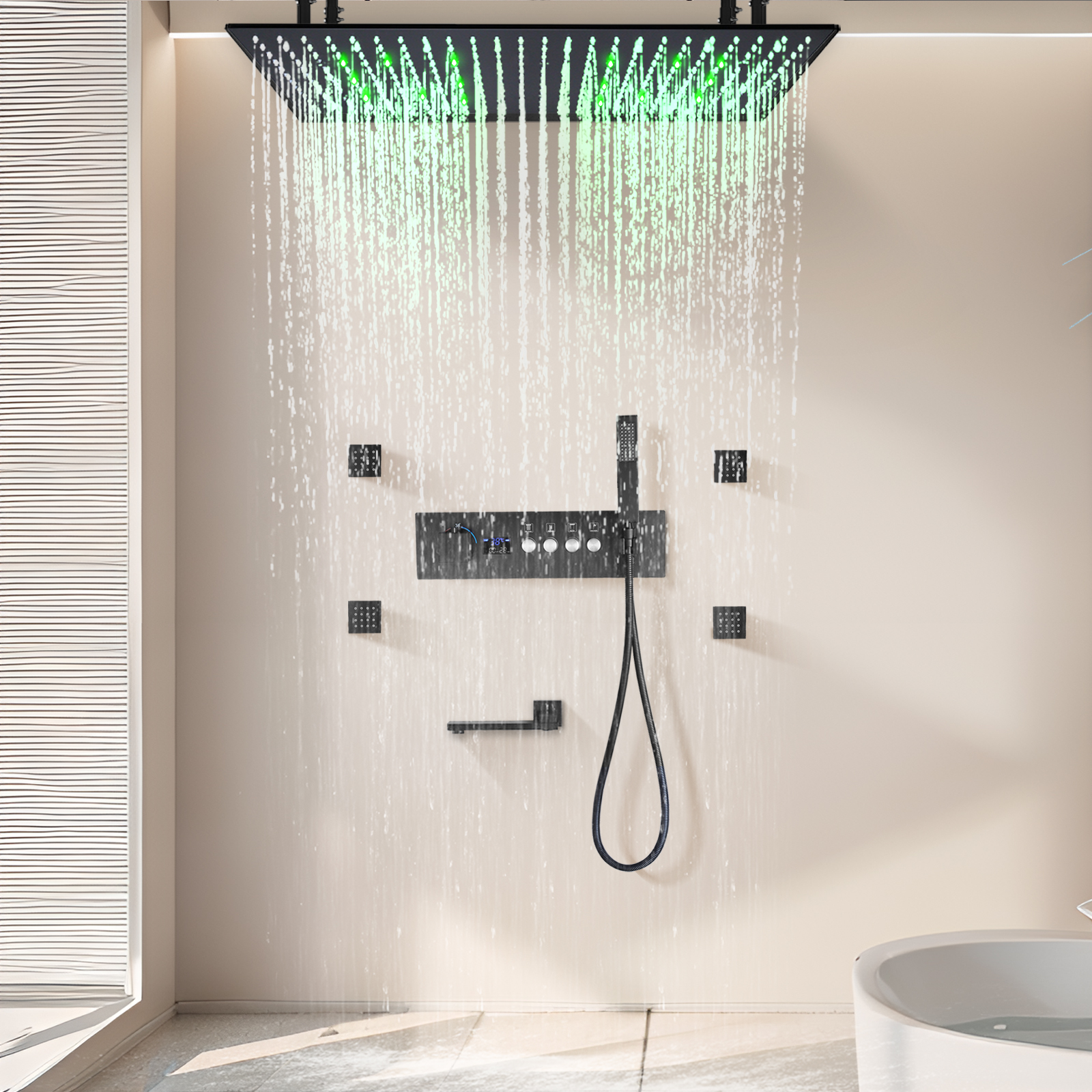 Sistema de grifo de ducha colgante para baño, cabezal de ducha de agua de lluvia LED con temperatura constante, cinta doblada fuera de la entrada de agua