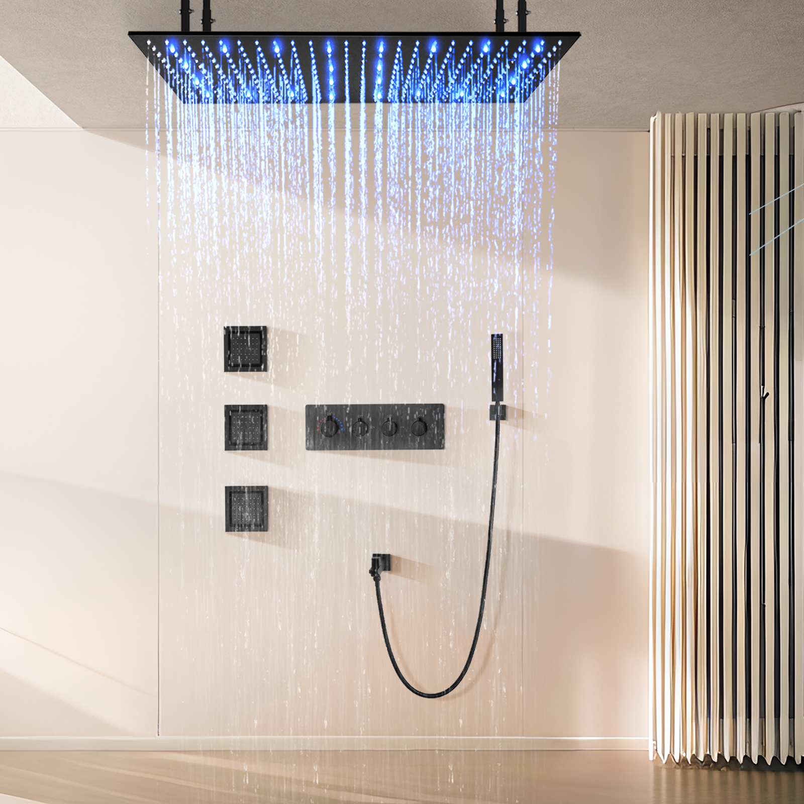 Sistema de cabezal de ducha tipo lluvia de 100x50cm negro mate de latón montado en la pared Kit de ducha LED para baño de cuatro funciones