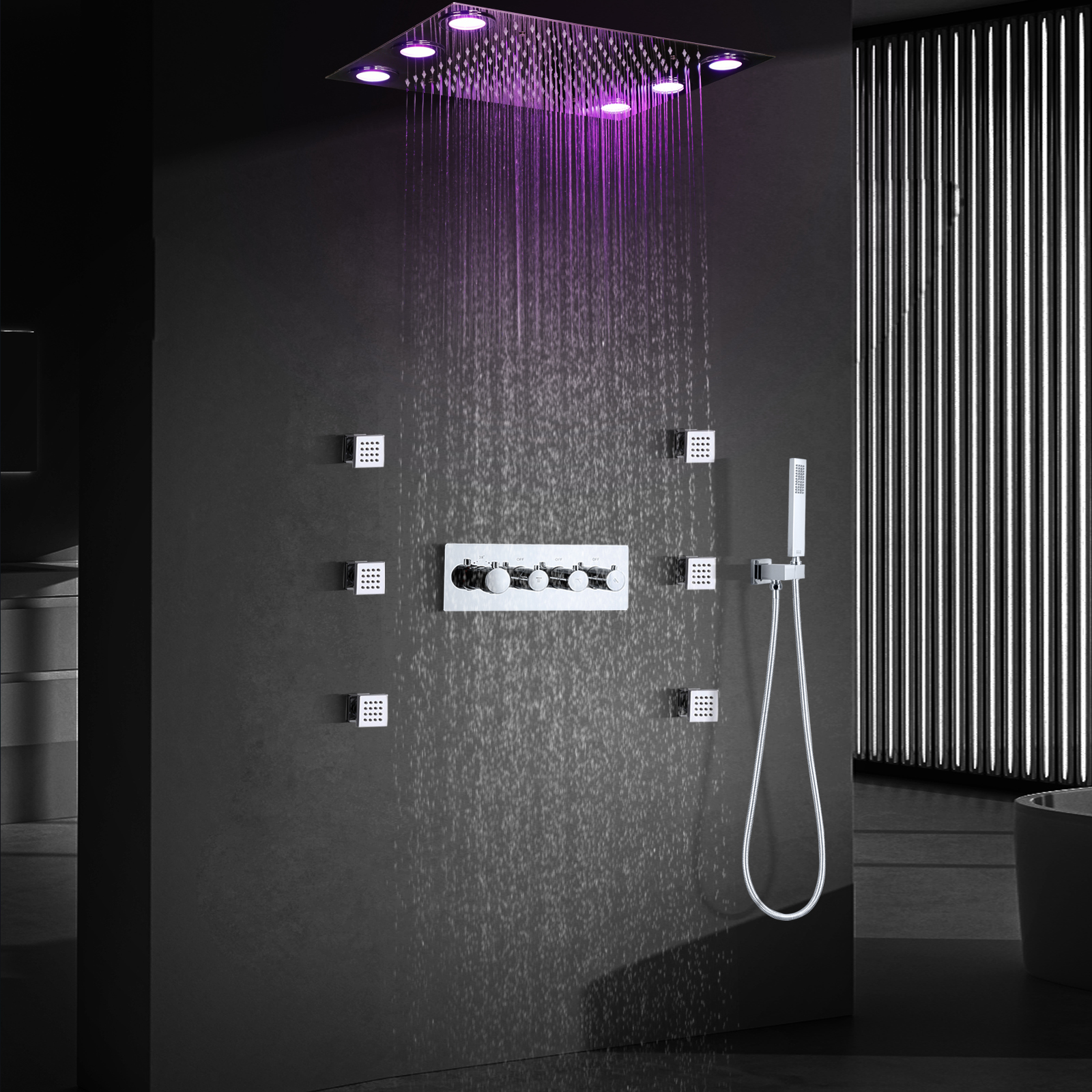 Ducha de baño Grifo de ducha de latón LED Termostato cromado Juego de ducha de bañera oculta