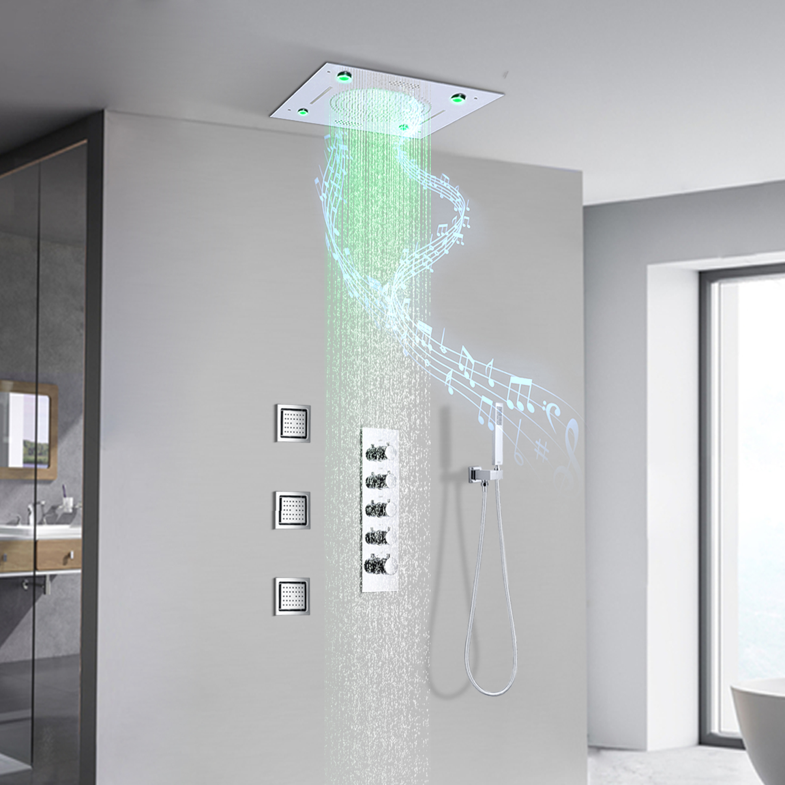 Sistema de grifo de ducha cromado, boquilla LED, termostato musical, juego de ducha de latón montado en la pared