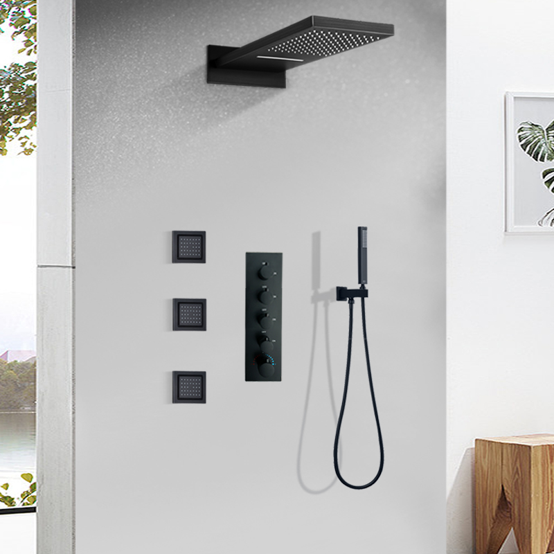 Grifo de baño, juego de ducha de lluvia, ducha termostática, sistema de grifo de ducha negro