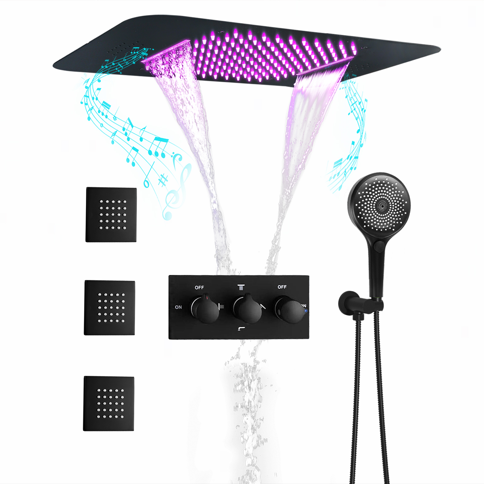 Ducky-sistema de cascada de agua de lluvia, música LED, color negro oscuro, temperatura constante, sistema de grifo de agua de ducha mezclado, Kit de chorro