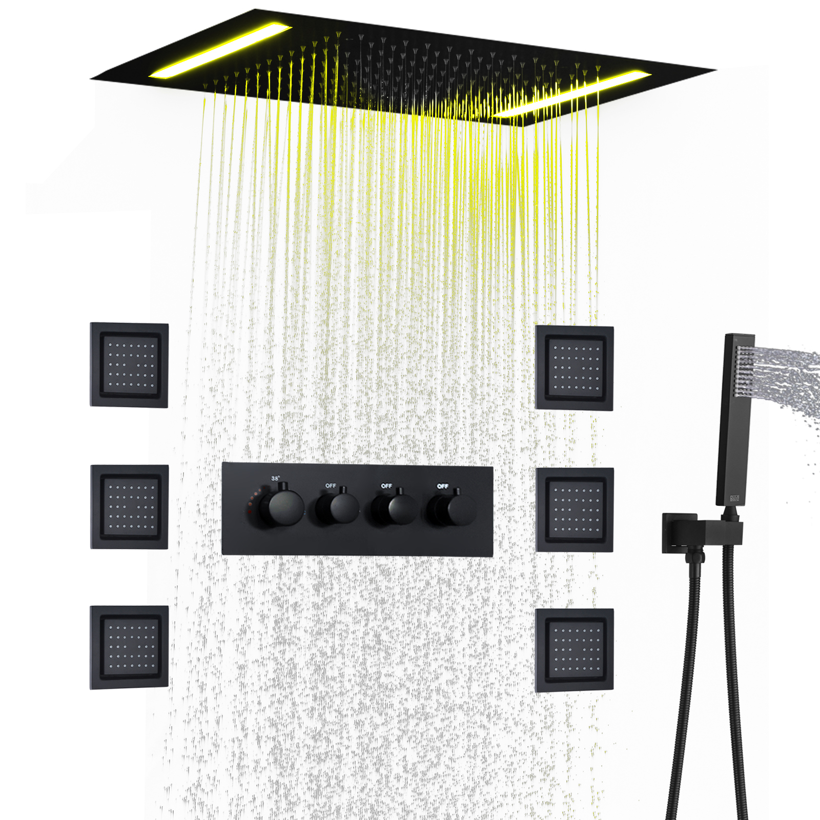Bathton-grifo de agua de 50x36cm, instalación en techo, LED, juego de lavado de masaje de selva tropical, válvula termostática constante, agua híbrida