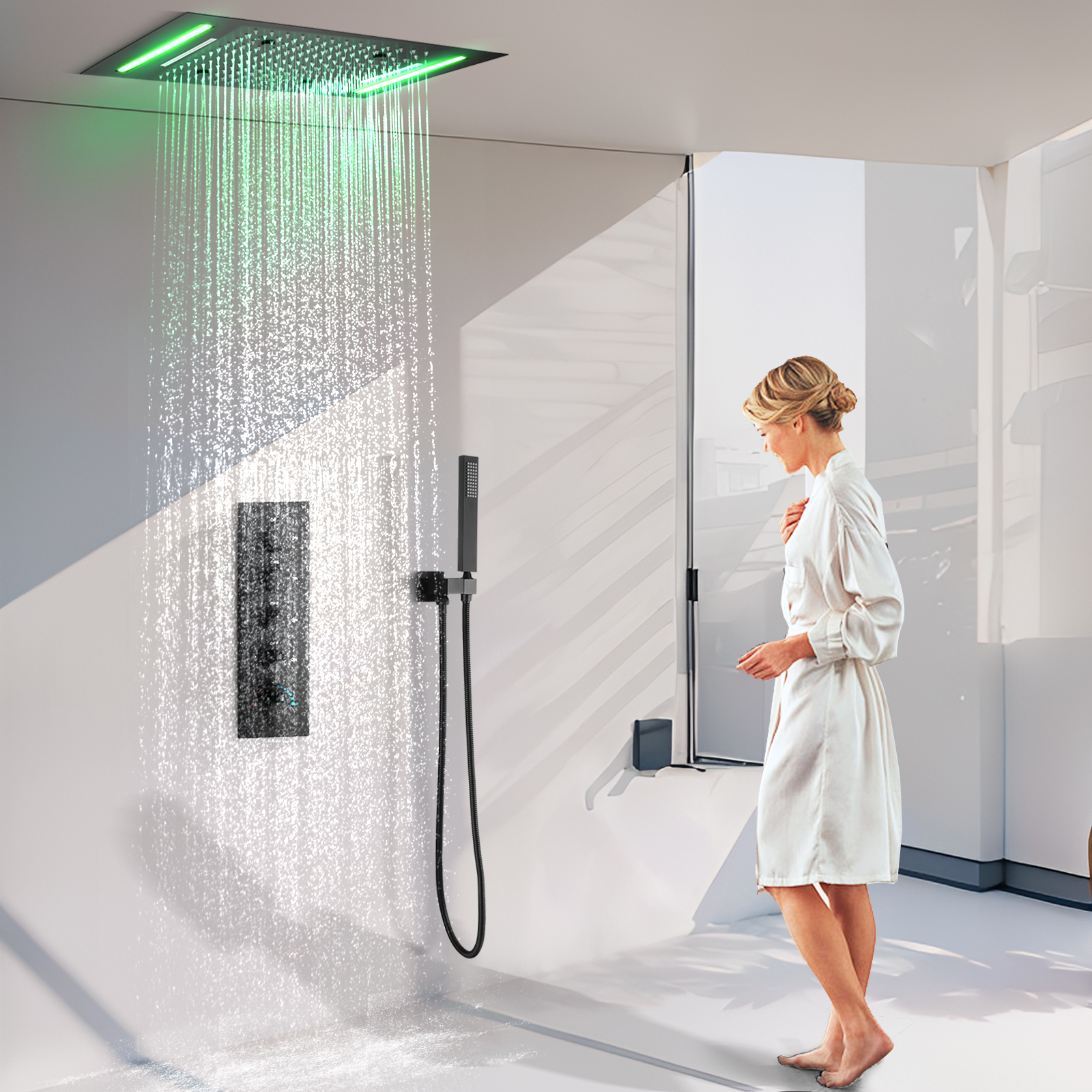Techos de baño ducha multifuncional superior Panel de 50x36mcleD negro mate lluvia cálida constante juego de cabezal de ducha cuadrado