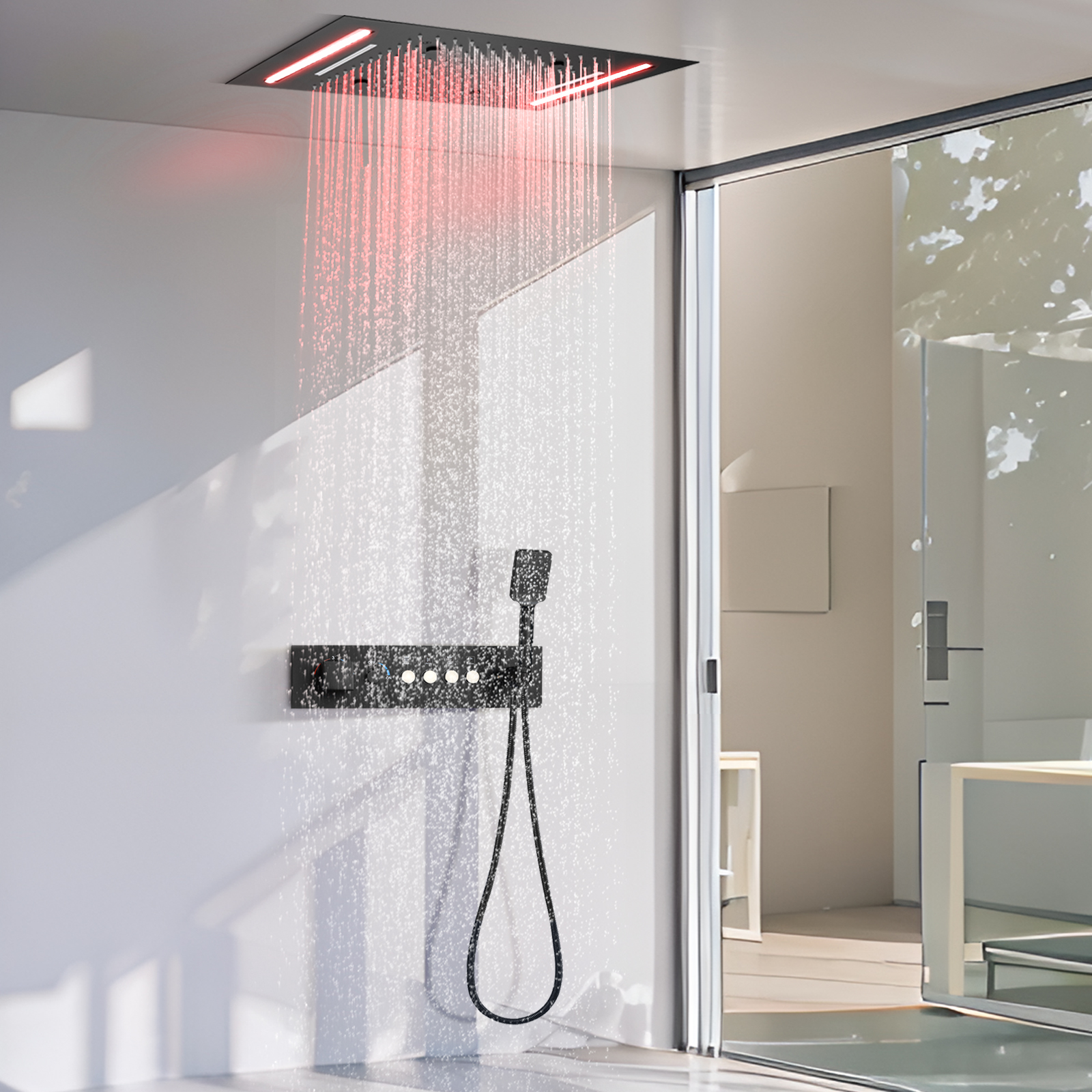 Juego de ducha de pared de 50x36cm, botón de temperatura constante negro mate con palanca de Control de flujo, sistema de ducha, bañera y lluvia