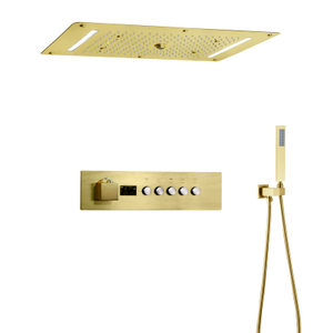 Sistema de ducha LED termostático oculto, juego de grifo de ducha de oro cepillado para baño, lluvia, cascada, niebla