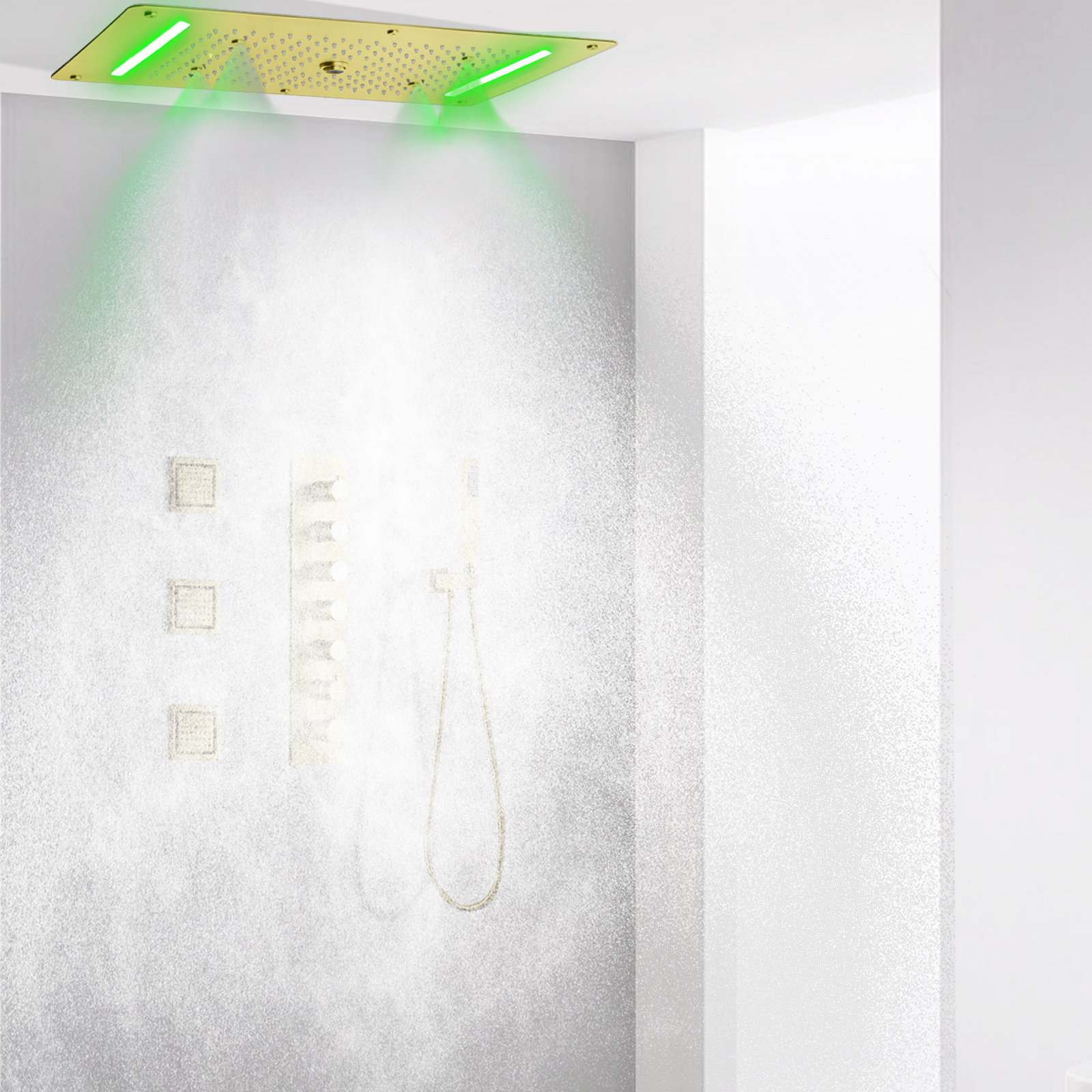 Sistema de ducha LED oculto para baño, grifo de ducha de lluvia en cascada, conjunto de masaje de columna de ducha con pulverizador, Oro pulido de lujo