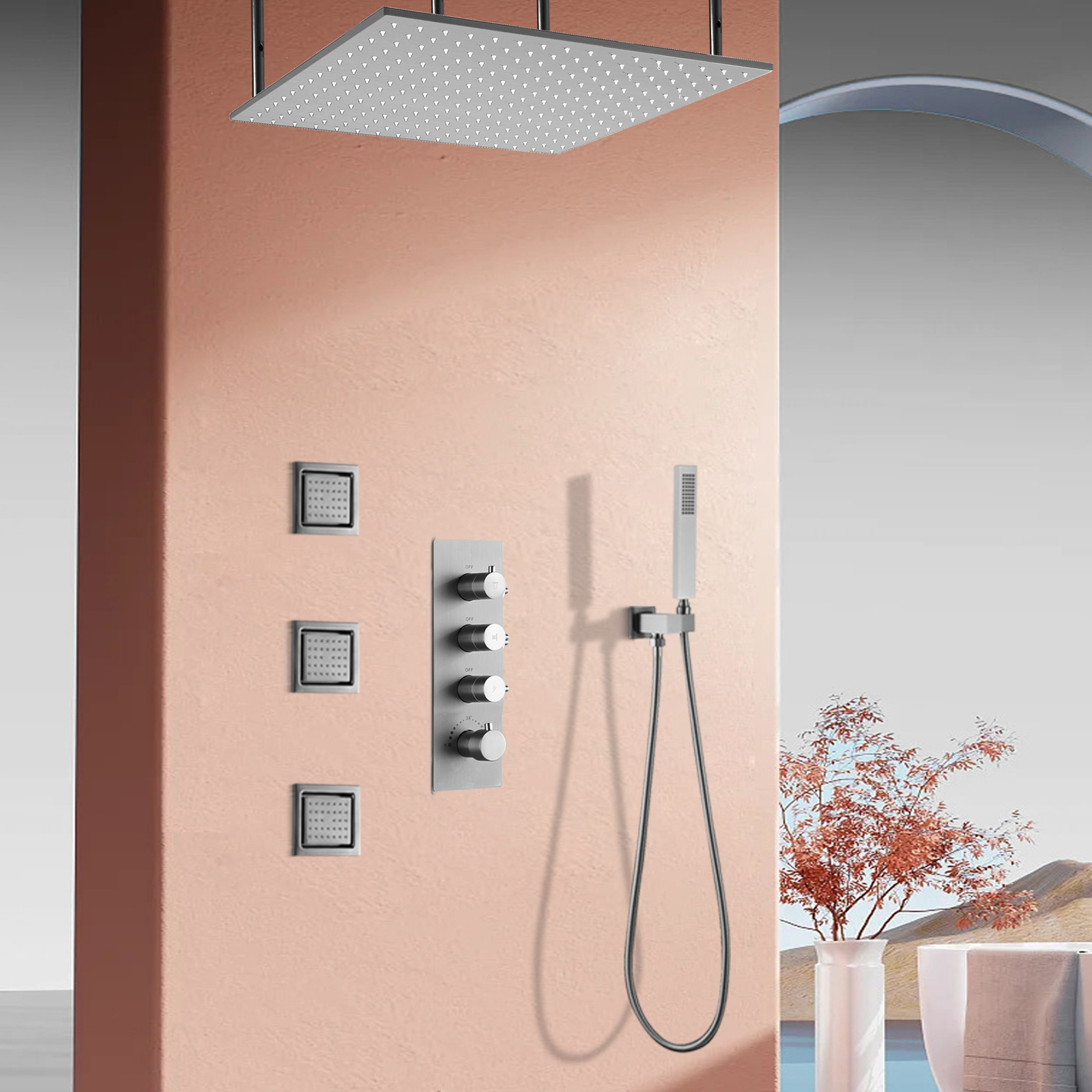 Grifo de ducha de lluvia cepillado de 50x50CM, conjunto de ducha de tres funciones montado en la pared de oro negro con cabezal de ducha de masaje con pulverización lateral